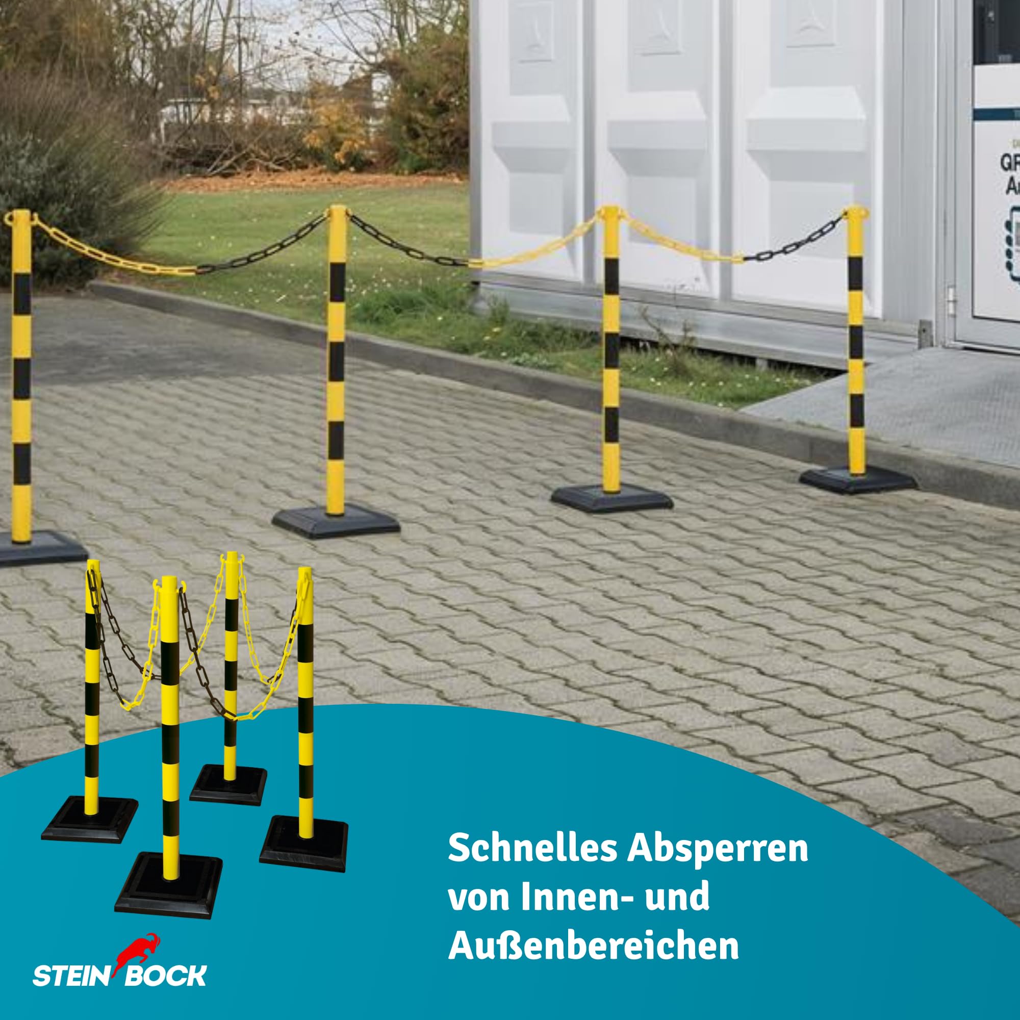 Steinbock Kettenständer 4 Stück | HxBxT 90 x 28 x 28 mm | 12,5 m Kettenlänge | Schwarz/Gelb | betongefüllte Fußplatte | Absperren von Innen- und Außenbereichen | standsicherer Ketten-Warnständer