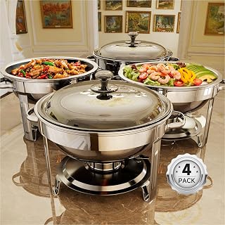 KScocina 4-Pack 5QT Round Stainless Steel Chafing Dishes for Buffet - Food Warmers for Parties, Catering & Events (Silver)
