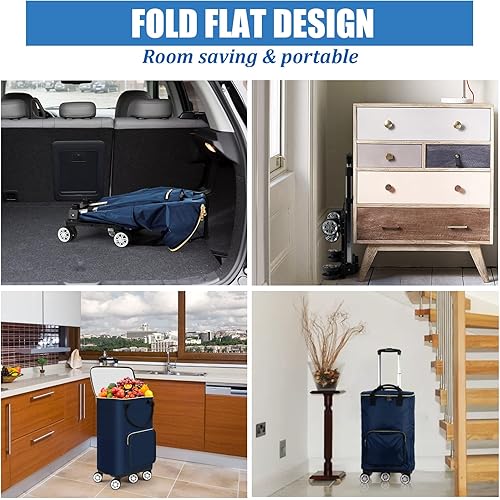 Miniatura 4 de Honshine Carrito de compras para comestibles, carrito plegable con 5 ruedas giratorias con bolsa de compras extraíble y gran capacidad, carrito