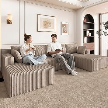 124" U Shaped Cloud Couch Sectional, Corduroy Upholstered 4-Seater Cloud Couches for Living Room, Deep Seat Modular Boneless Sofa with Lounge Chaise, No Assembly Required, Camel