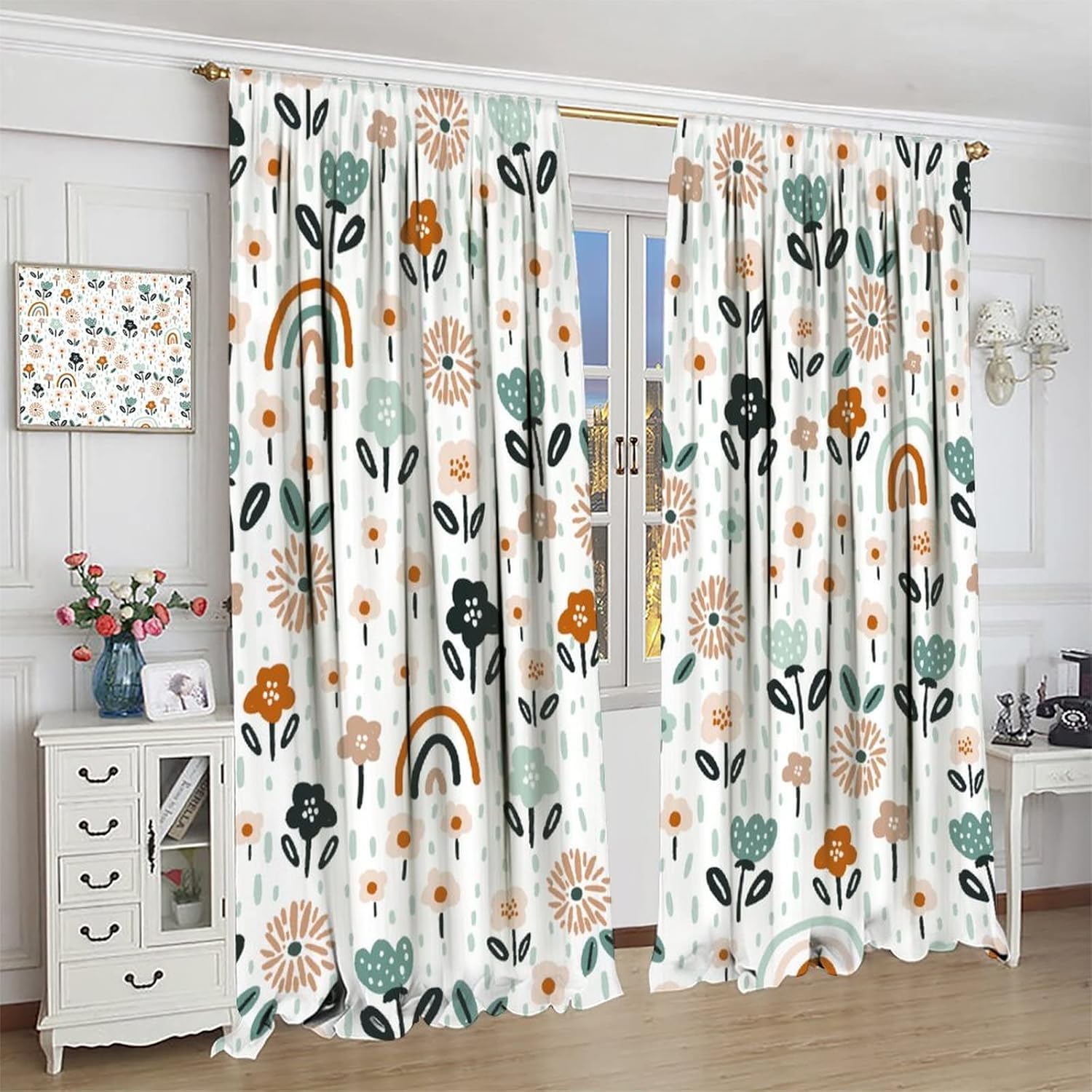 Kids Rainbow Window Curtains Cute Cartoon Rainbow Raindrop Floral Pattern Bohemian Style Girls Boys Bedroom Living Room Children's Room Decorative Heat Insulation Blackout Curtains42x54in