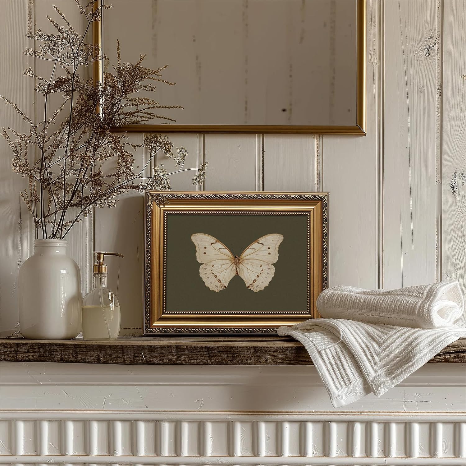 Uniro Vintage Gold Framed Wall Art, Classical Butterfly Oil Paintings, Dark Moody Insect Canvas Prints Artwork with Antique Frame, Sage Green Wall Decor Pictures for Bedroom, Kitchen, Shelf, Bathroom Wall Decor, Cottagecore Room Decor - 9x12Inch
