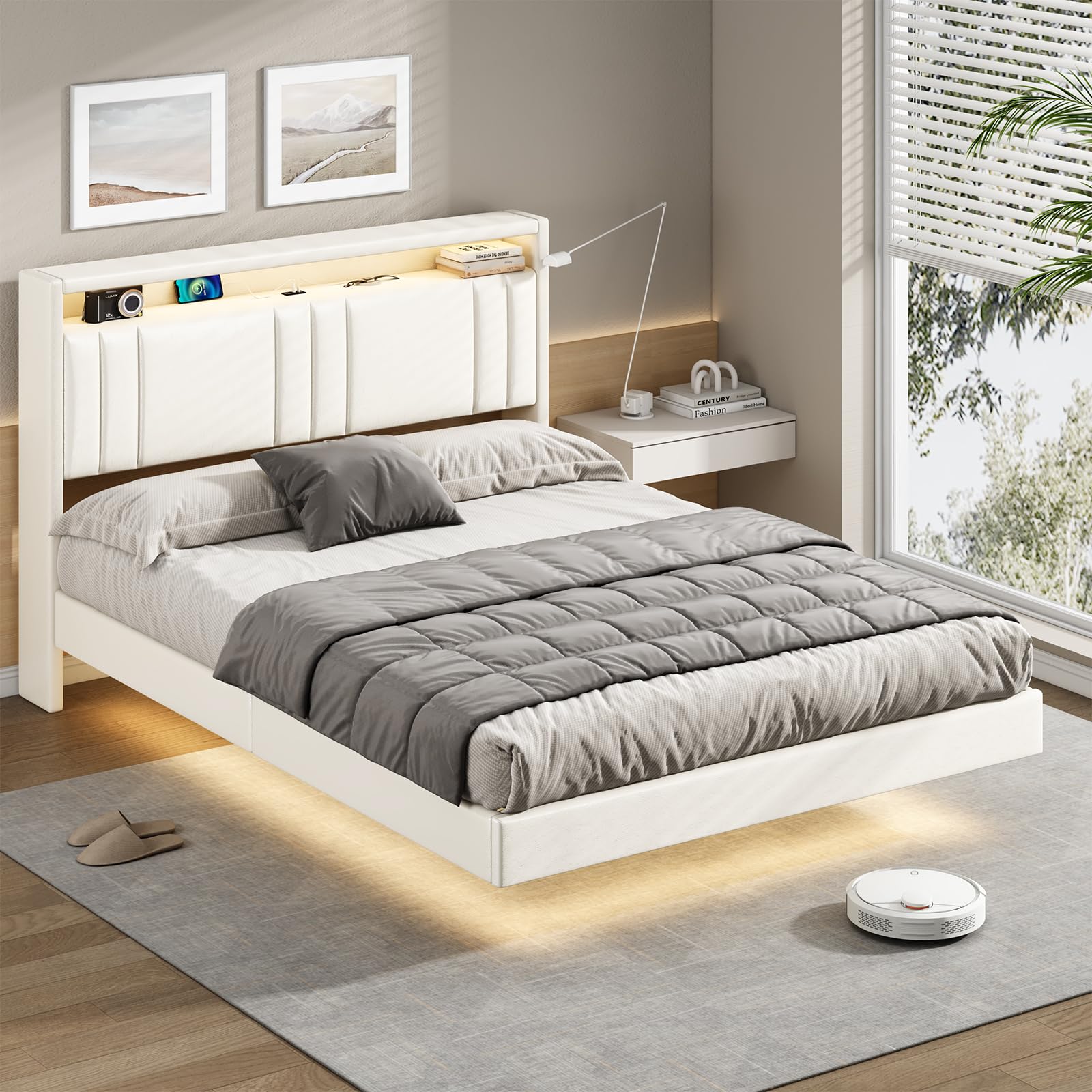 KIMENICH Lit 140x190 cm, Effet Flottant, Lits Double avec LED Réglable, Multiprise et Étagère Ouverte, Cadre de Lit avec Sommier à Lattes, Lits Flottant Rembourré, PU Blanc