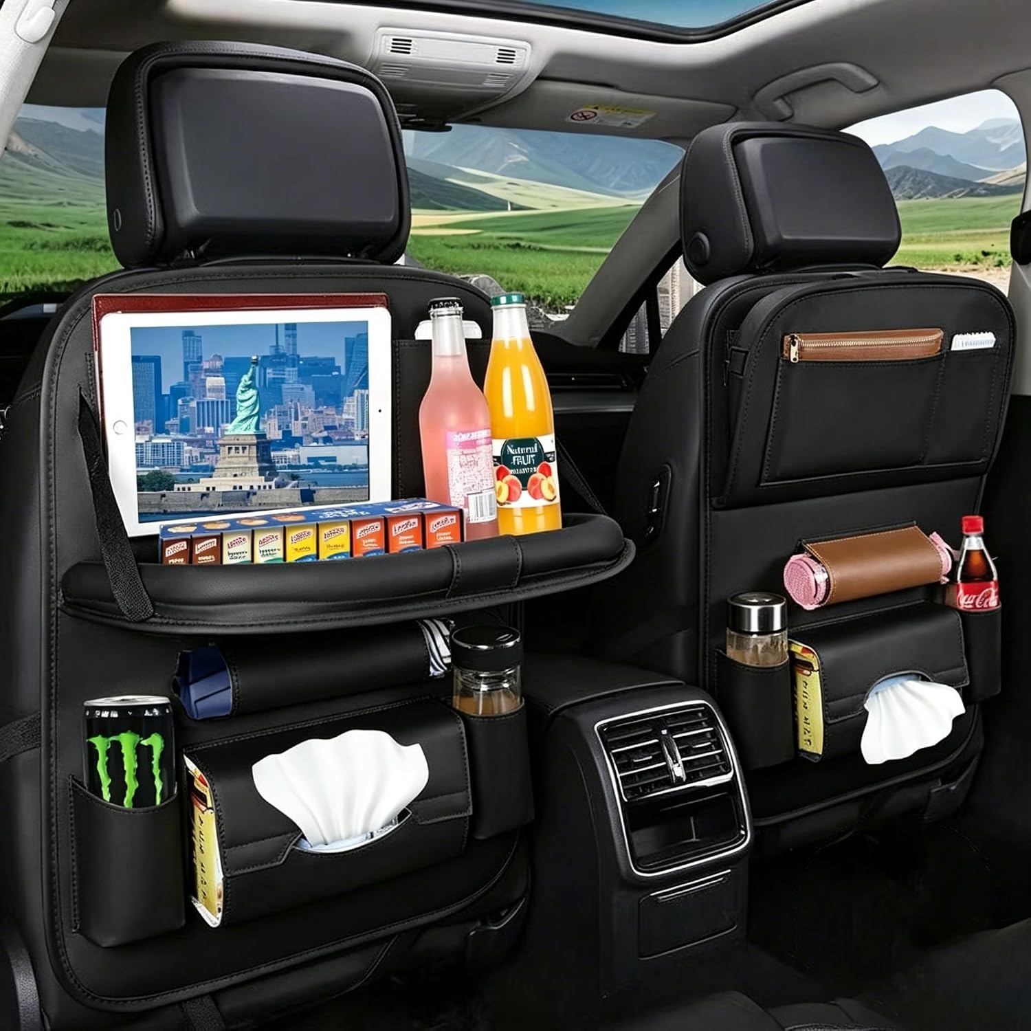 YiYang Car Back Seat Organizer with Foldable Tray, Multi-Pocket Storage, Tablet Holder, Cup Holders (2, Black)