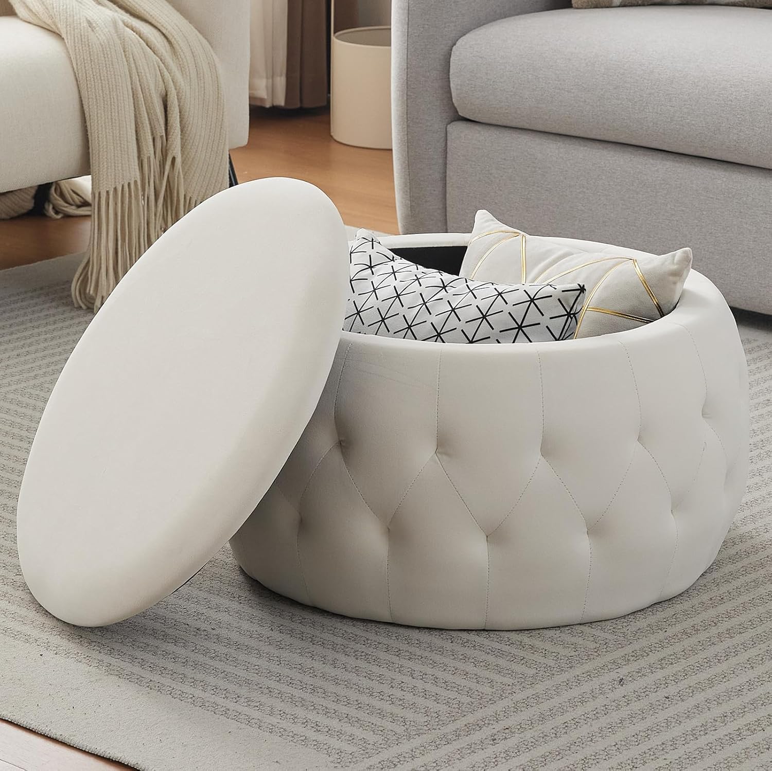 Amazon.com: YDcosyfy Velvet Round Ottoman with Storage, 25 Inch Tufted ...