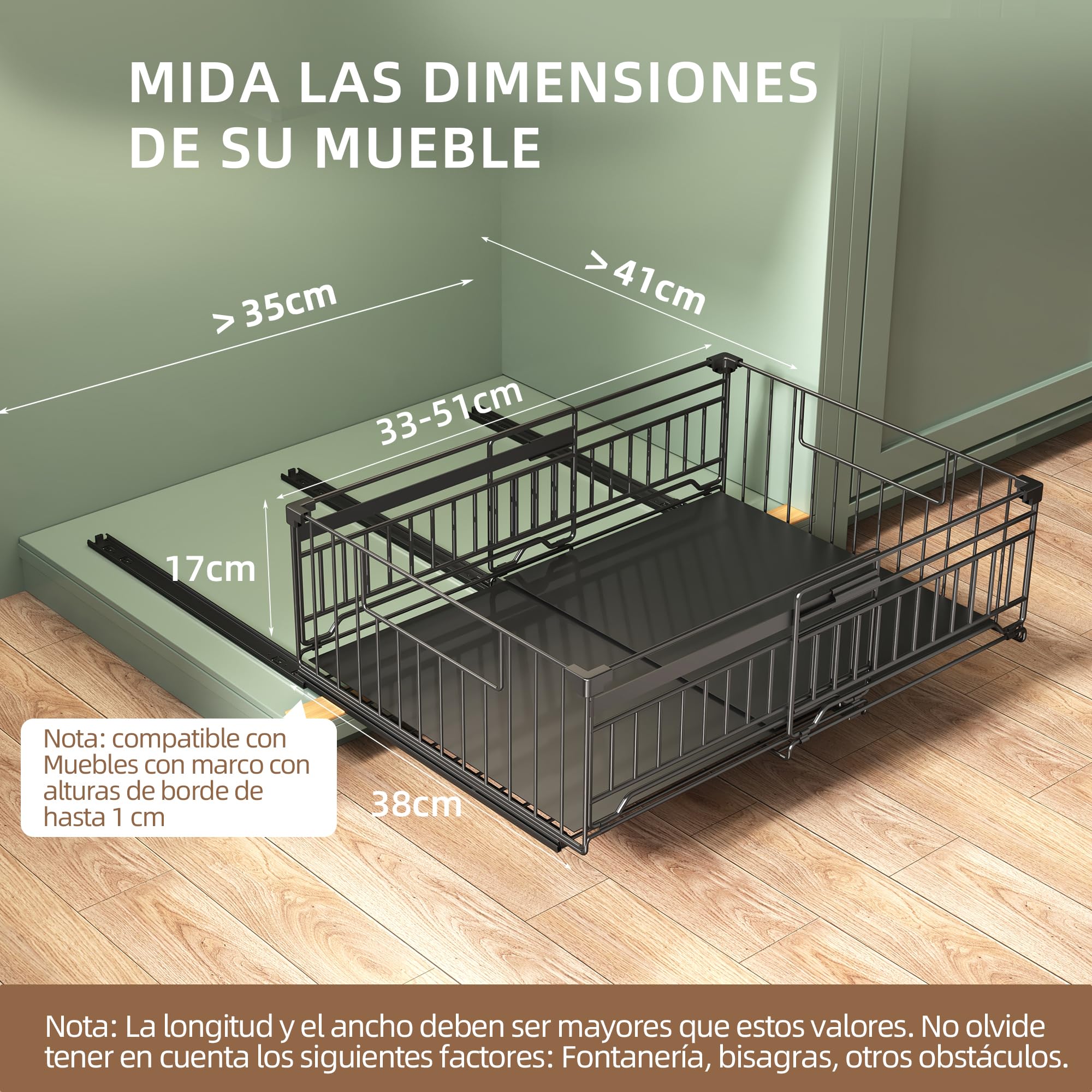 NETEL Paquete de 2 Cajones Extraíbles para Cocina, Cajón Telescópico Sin Taladrar, Fijación Autoadhesiva o con Tornillos, Largo Ajustable 33-51 x Fondo 38 x Alto 17 cm, Negro