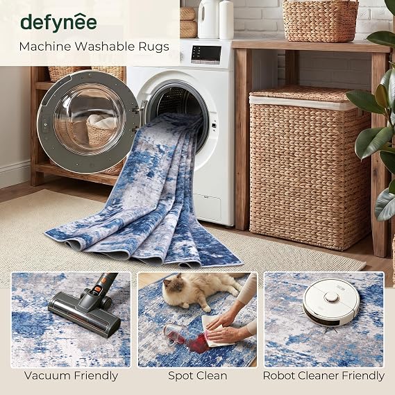 Rugs Living Room 150x210 cm, Washable Rug for Bedroom, Greyblue | Soft Low Pile, Anti-Slip, Modern Abstract Style, Extra Large Area Covering for Dining Room, Kitchen, Hallway, Entryway