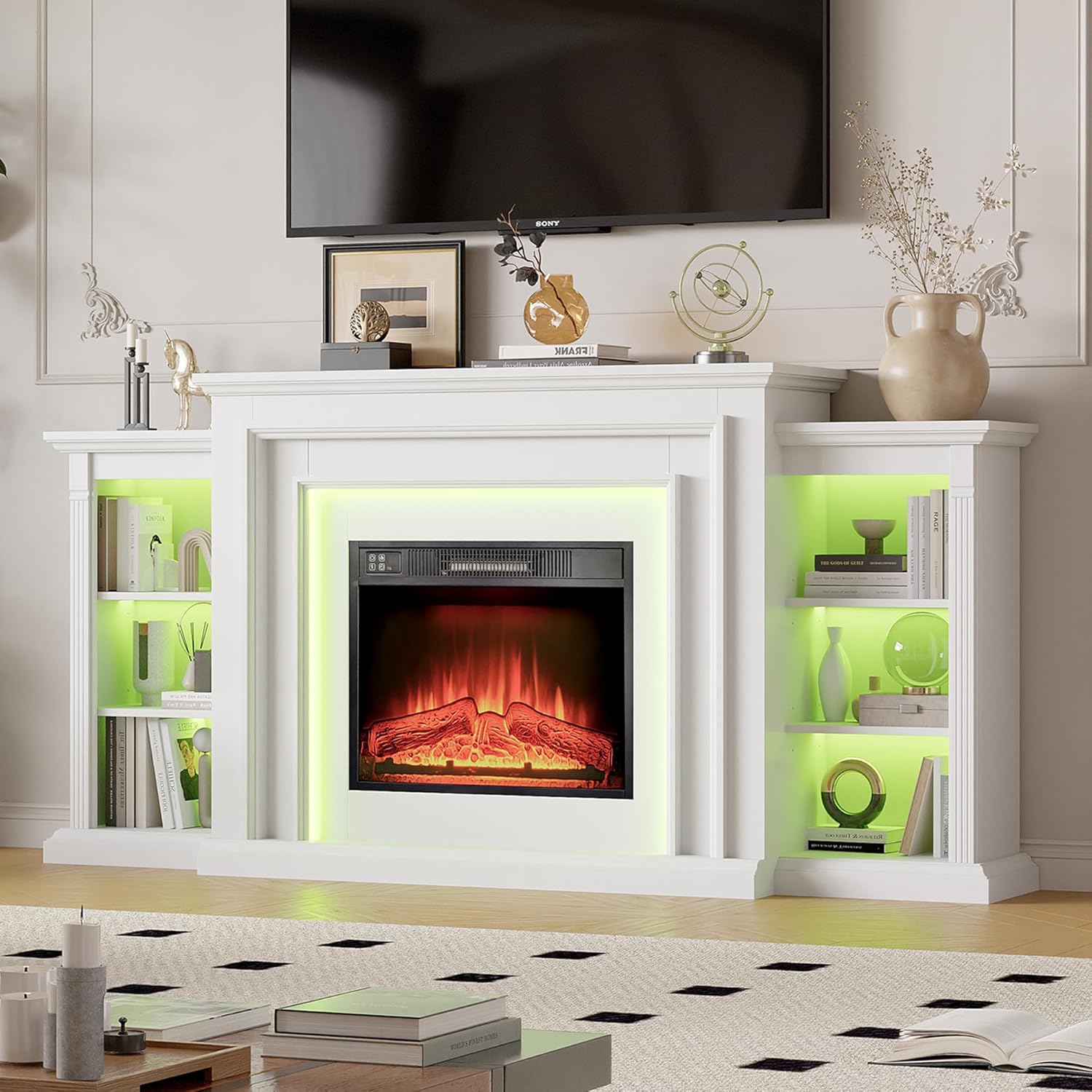 72" Electric Fireplace with Mantel,White TV Stand with Fireplace,Modern Entertainment Center with LED Lights for Bedroom Living Room