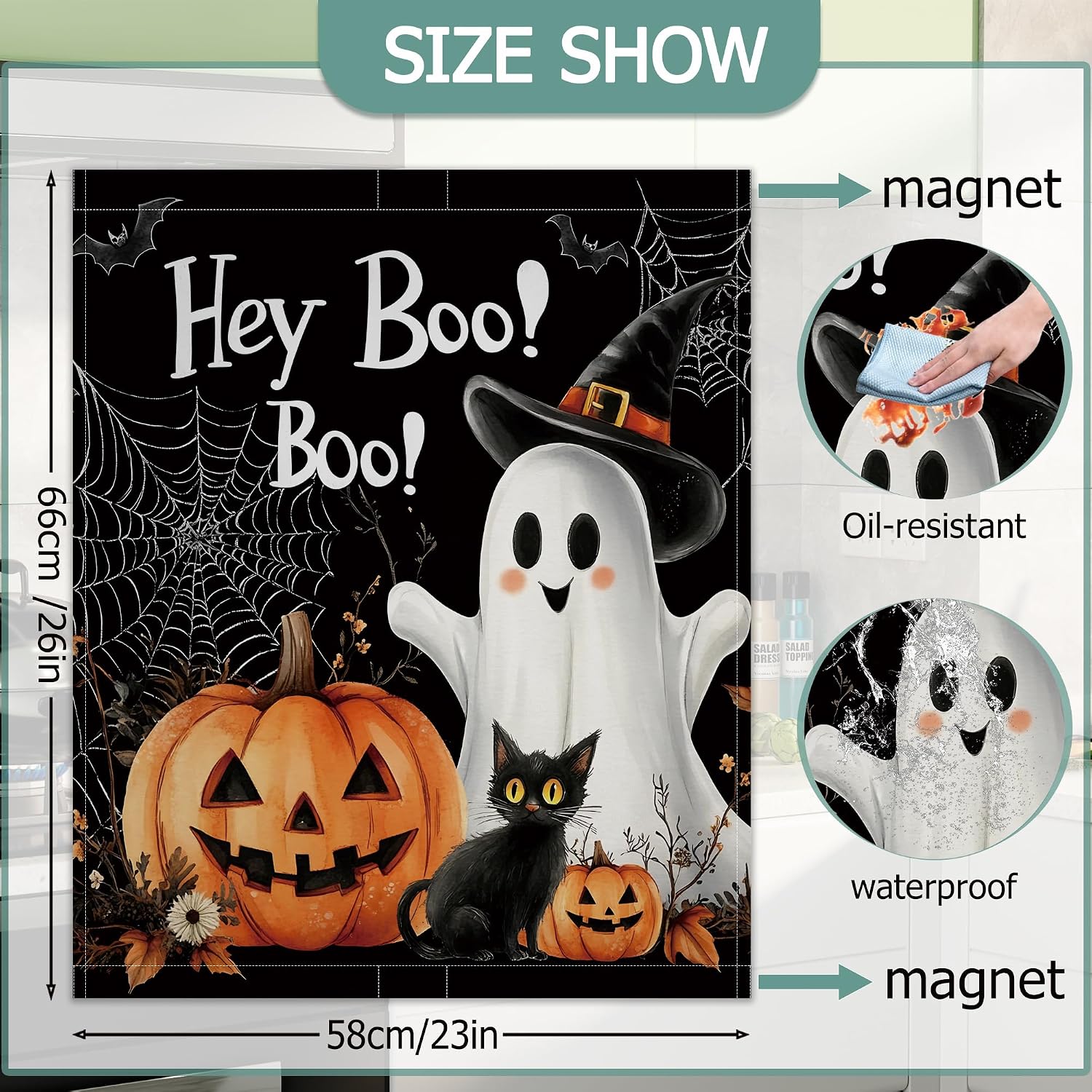 Cute Ghost Dishwasher Covers for the Front Magnetic,Halloween Pumpkin Cat Refrigerator Magnets Decoration,Reusable Dishwasher Cover Panel for Home Kitchen Decor 23x26 Inch