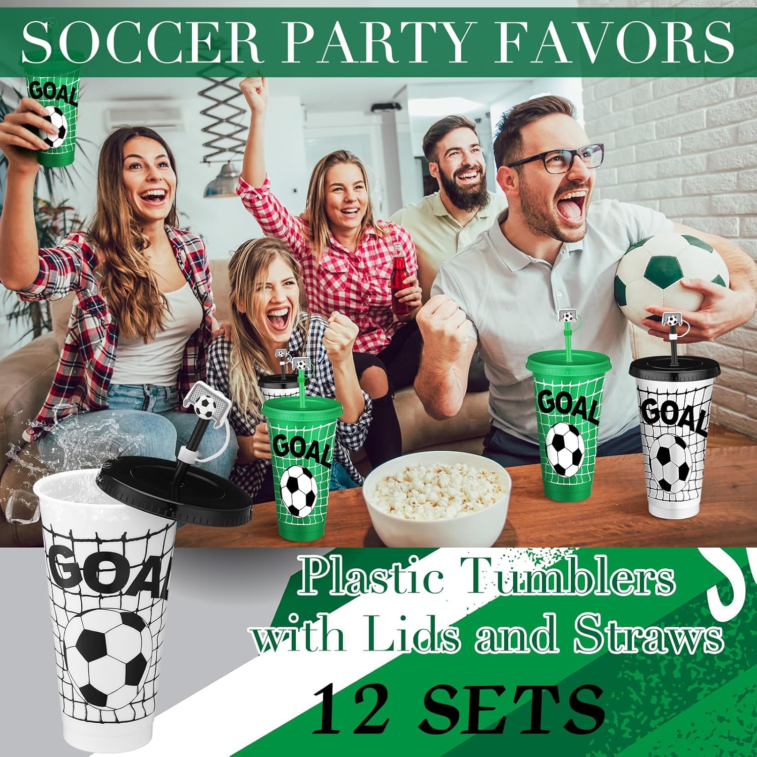 Domensi 12 Pcs Soccer Plastic Tumbler with Lid and Straw 24oz Reusable Plastic Cups with Straw Cover Caps Soccer Party Favors Gift for Fan Friend Guest Birthday Office Sport Party Supplies - Image 5