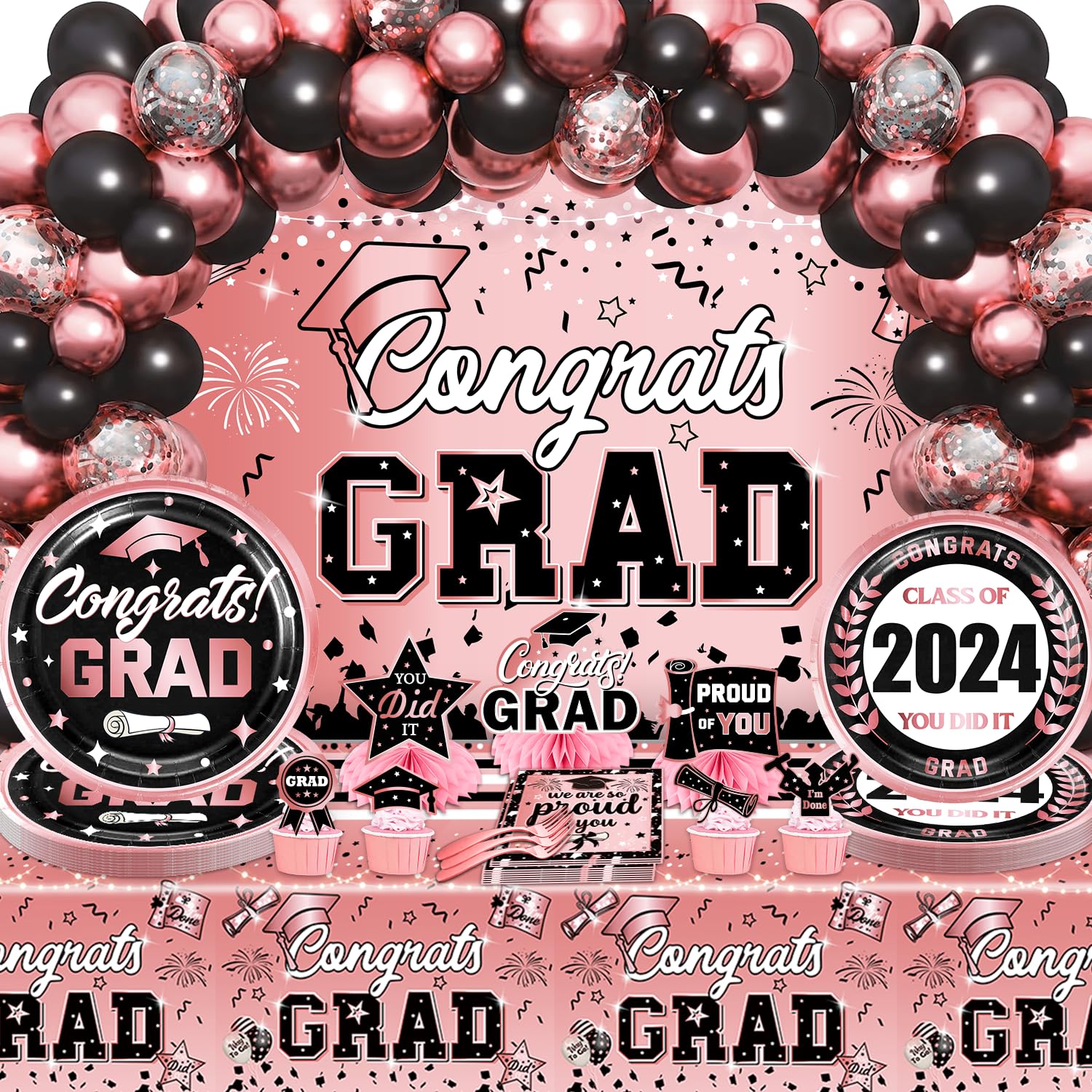 Photo 1 of 207Pcs Rose Gold Graduation Decorations 2024 Pack for 25 Guests, Rose Gold Graduation Decorations, Graduation Decorations Class of 2024 Rose Gold, Rose Gold Graduation, for Class of 2024 Rosegold