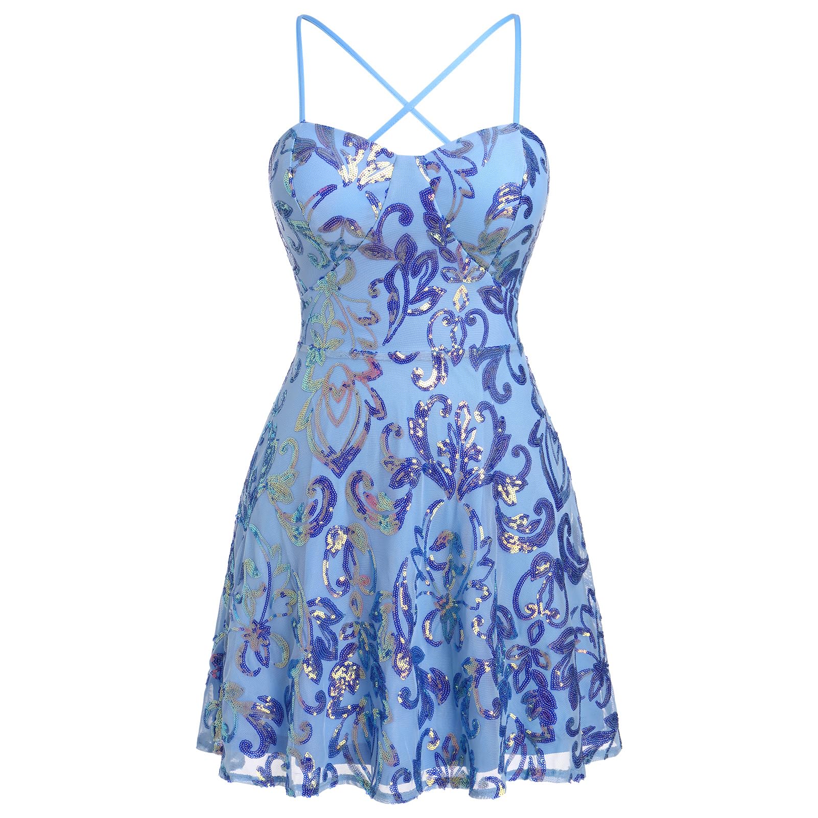 ODIZLI Vestido corto para mujer, con tirantes delgados, lentejuelas brillantes, acampanado, para fiesta, discoteca, baile, largo por encima de la rodilla