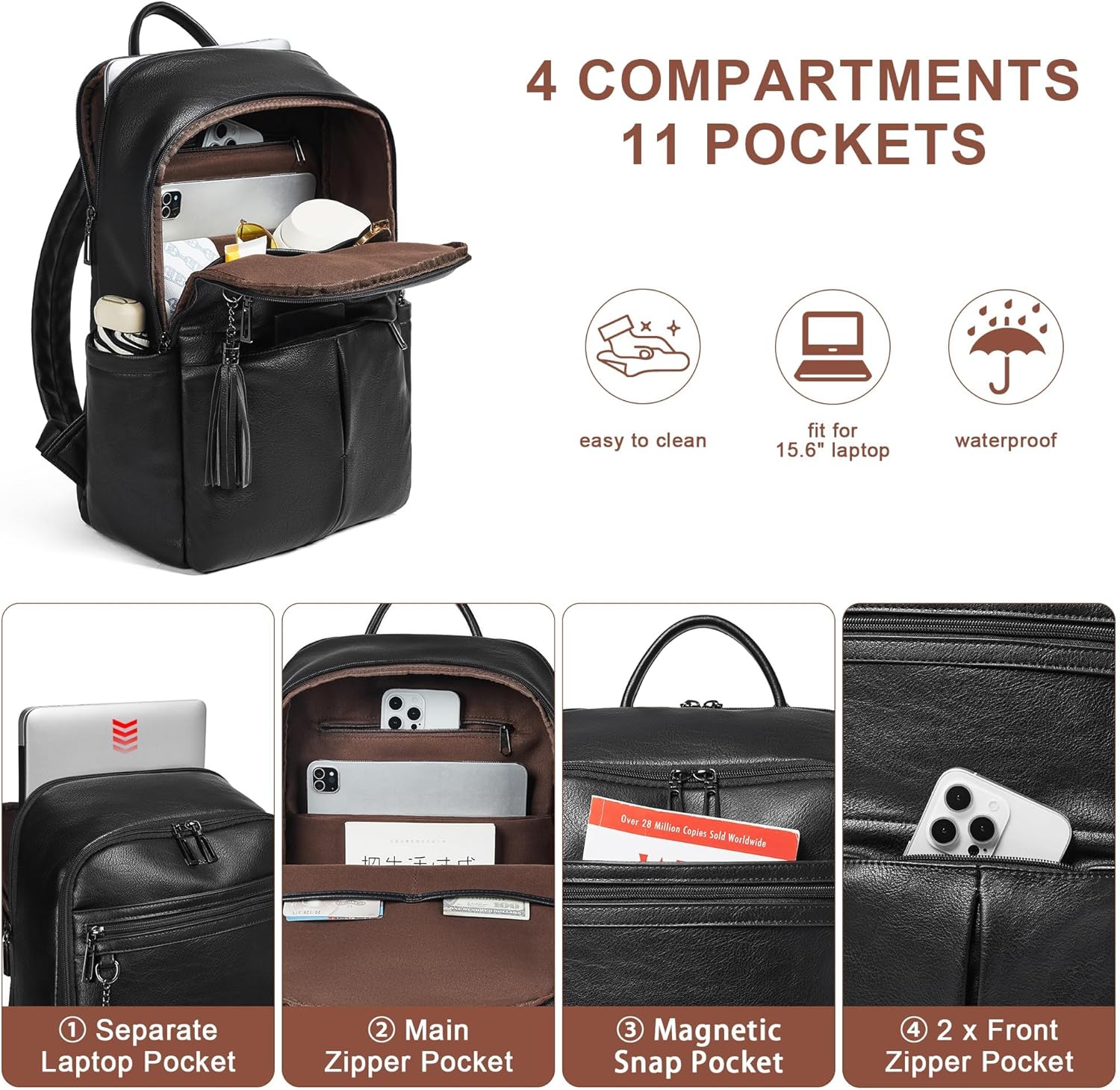 Leather Laptop Backpack for Women, 15.6" Causal Daypack Backpacks Purse Computer Backpack with Laptop Compartment for Travel Work College Business, Black
