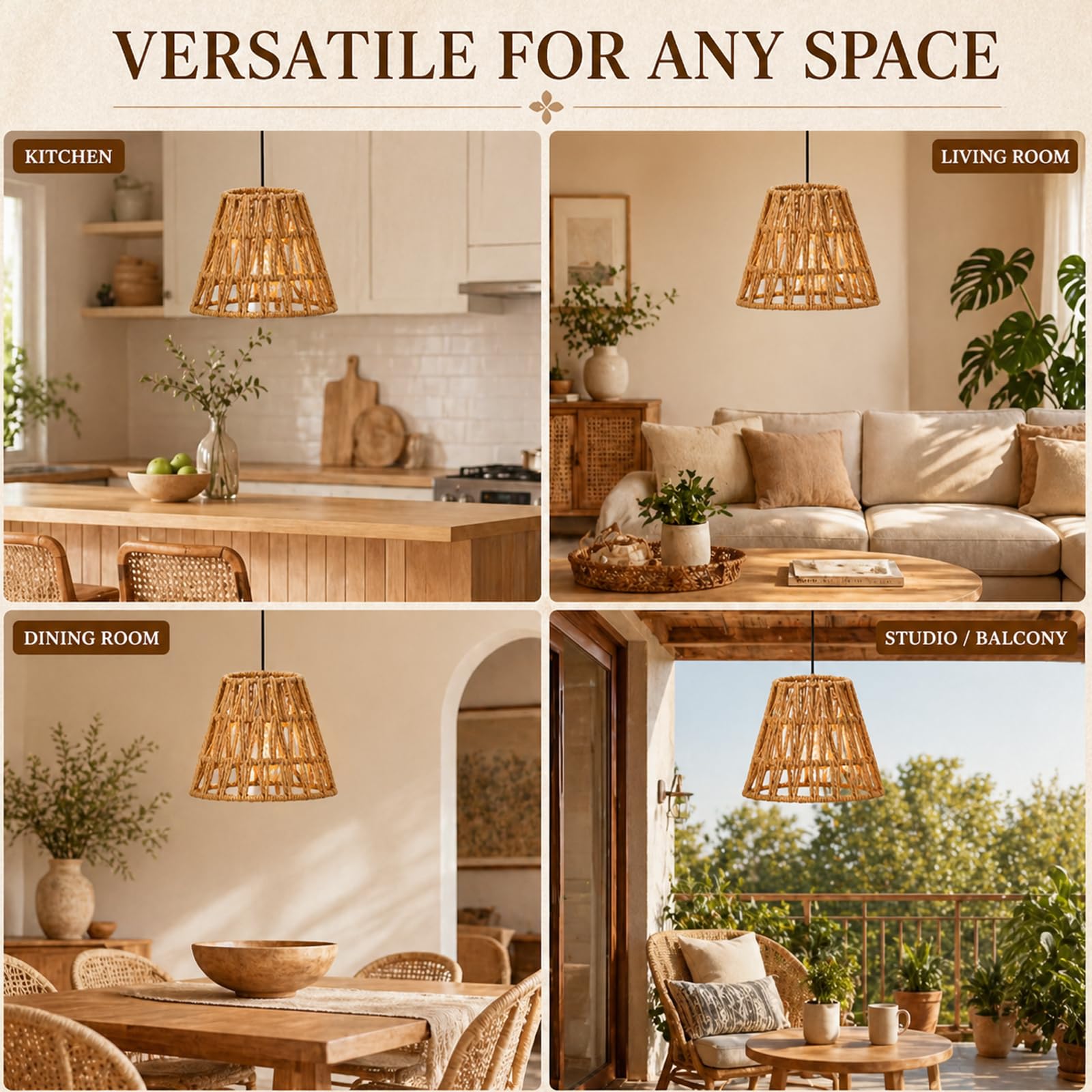 4 paralumi in rattan, in stile bohémien, altezza 14 cm, paralume a sospensione, piccolo E27, in rattan intrecciato per lampada da terra, lampada da tavolo, lampada a sospensione, paralume a