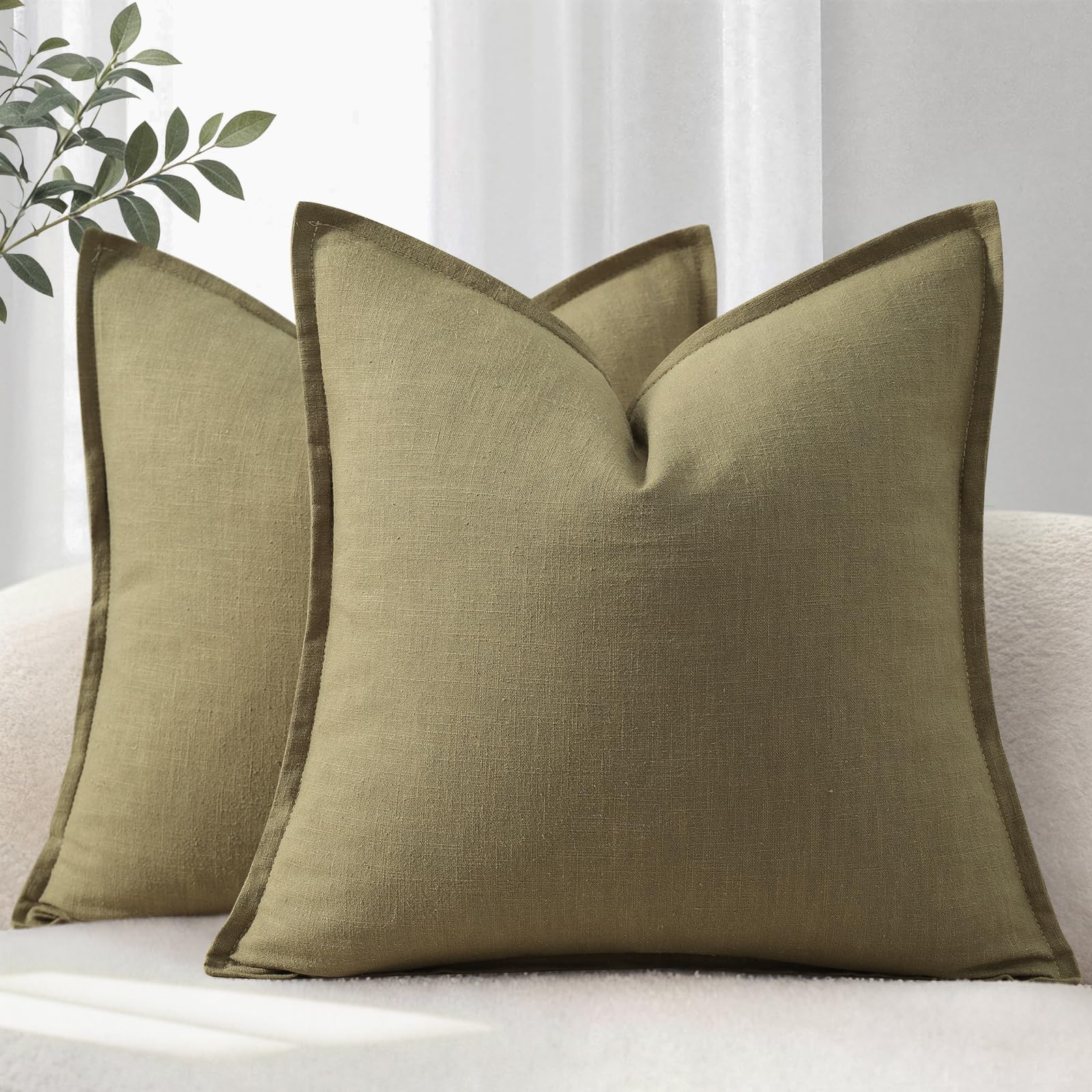 YCOLL Cushion Covers 40x60 cm Set of 2 – Soft Natural Linen Cushions with Trim, Solid Colour Decorative Cushion Cover for Sofa, Couch, Bed and Living Room, Olive Green