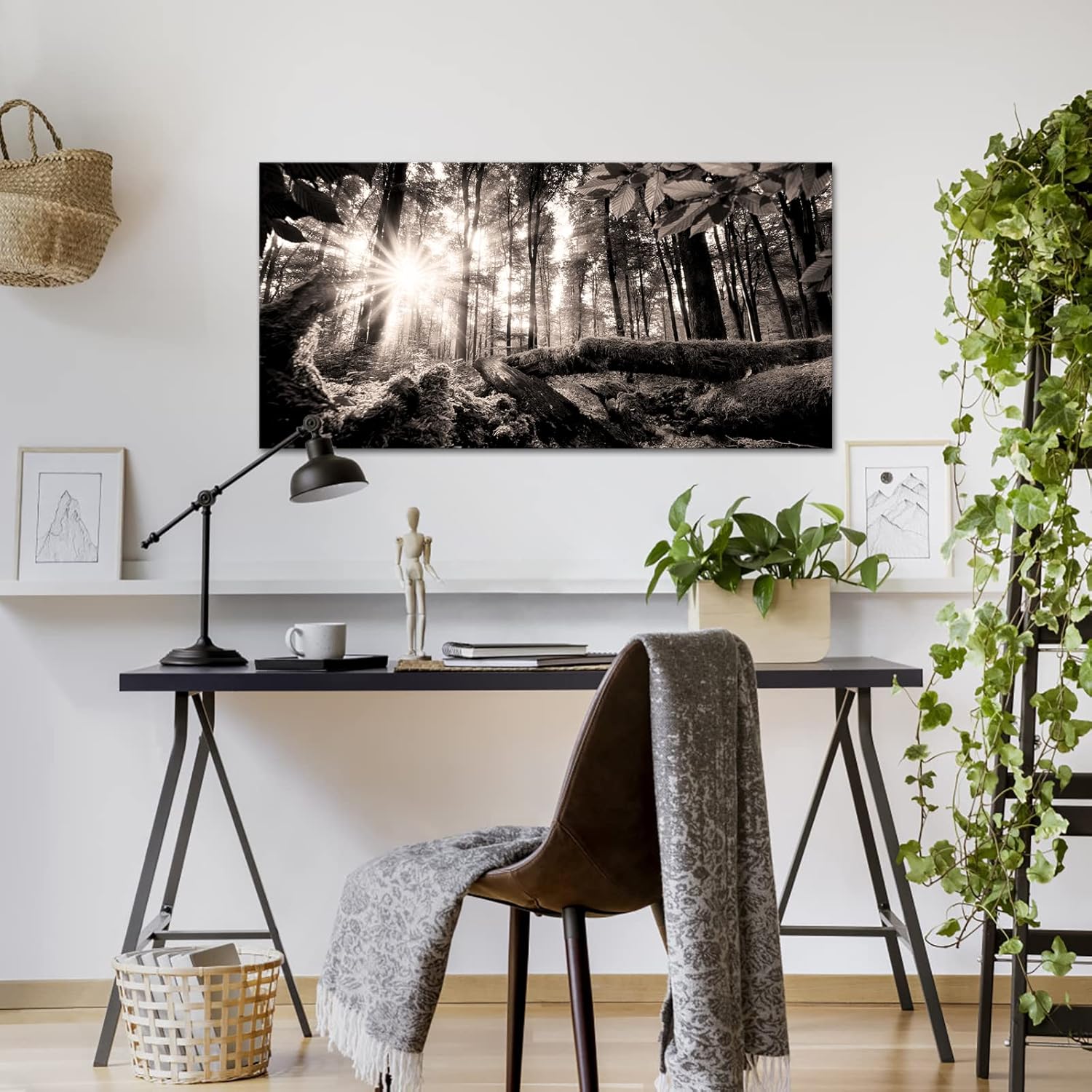 sechars Forest Wall Art Forest Sunrise Landscape Picture Sepia Brown Canvas Print for Home Office Decoration Framed Ready to Hang 24"x48" - Image 2