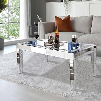 Silver Mirrored Coffee Table with Crystal Inlay, Rectangle Glass Tea Table with Mirrored Finish, Modern Center Table for Living Room and Office (23.6