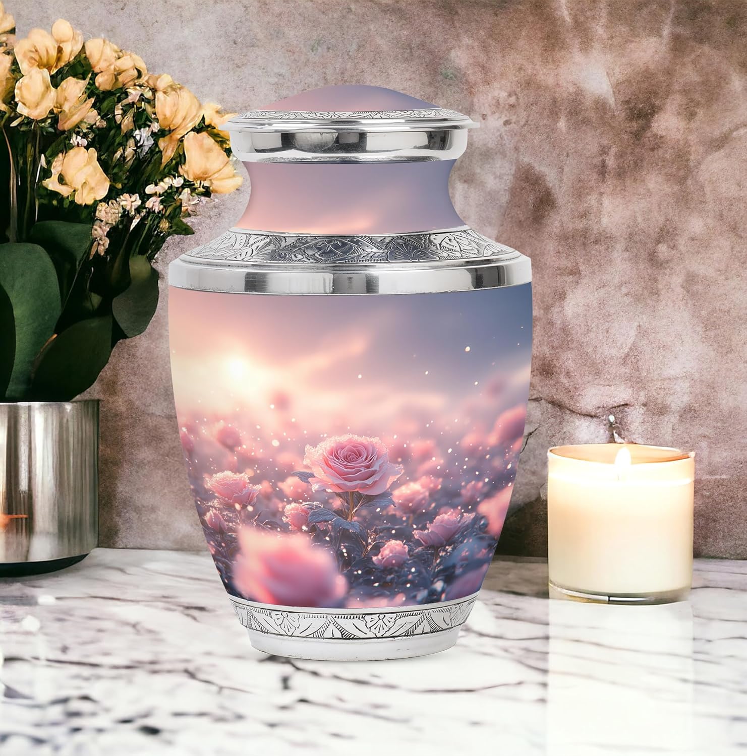 Rose Urn for Human Ashes, Large Urns for Ash, Cremation & Decorative, Memorial Gift for Men & Women, Funeral & Burial Adult Remains, Pink, 10 Inch