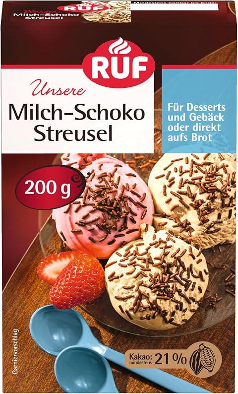 RUF Milch Schoko-Streusel, Schokoladen-Dekor aufs Brot für bunte Plätzchen, Kuchen, Muffins, Pudding und Eis, glutenfrei, 1 x 200g