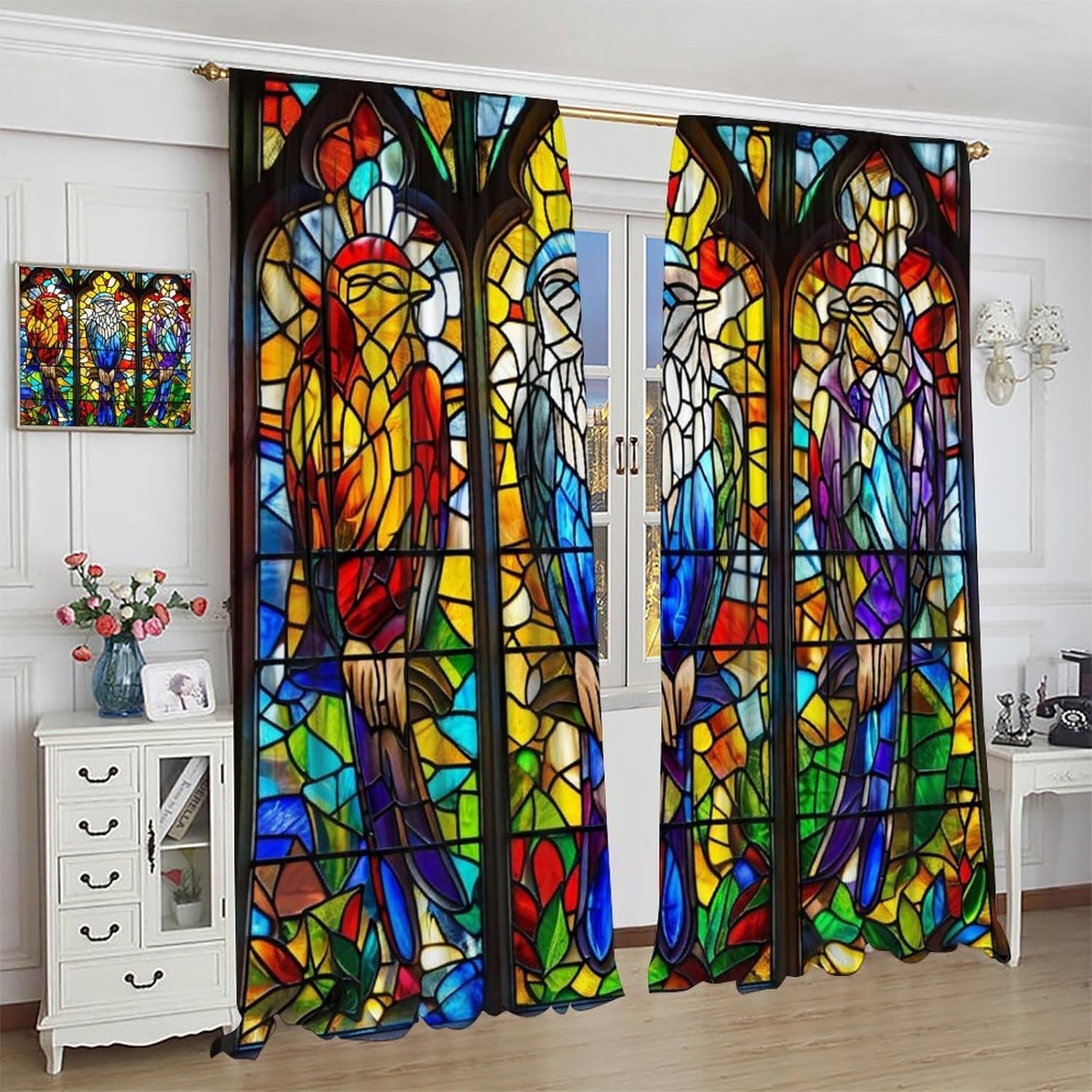 Stained Glass Curtains,Churches Mosaic Art Beautiful Nature Scenery Birds Art Abstract Modern Blackout Rod Pocket Window Treatments for Bedroom Living Kitchen Cafe Restaurant Drapes 42"W X 45"L