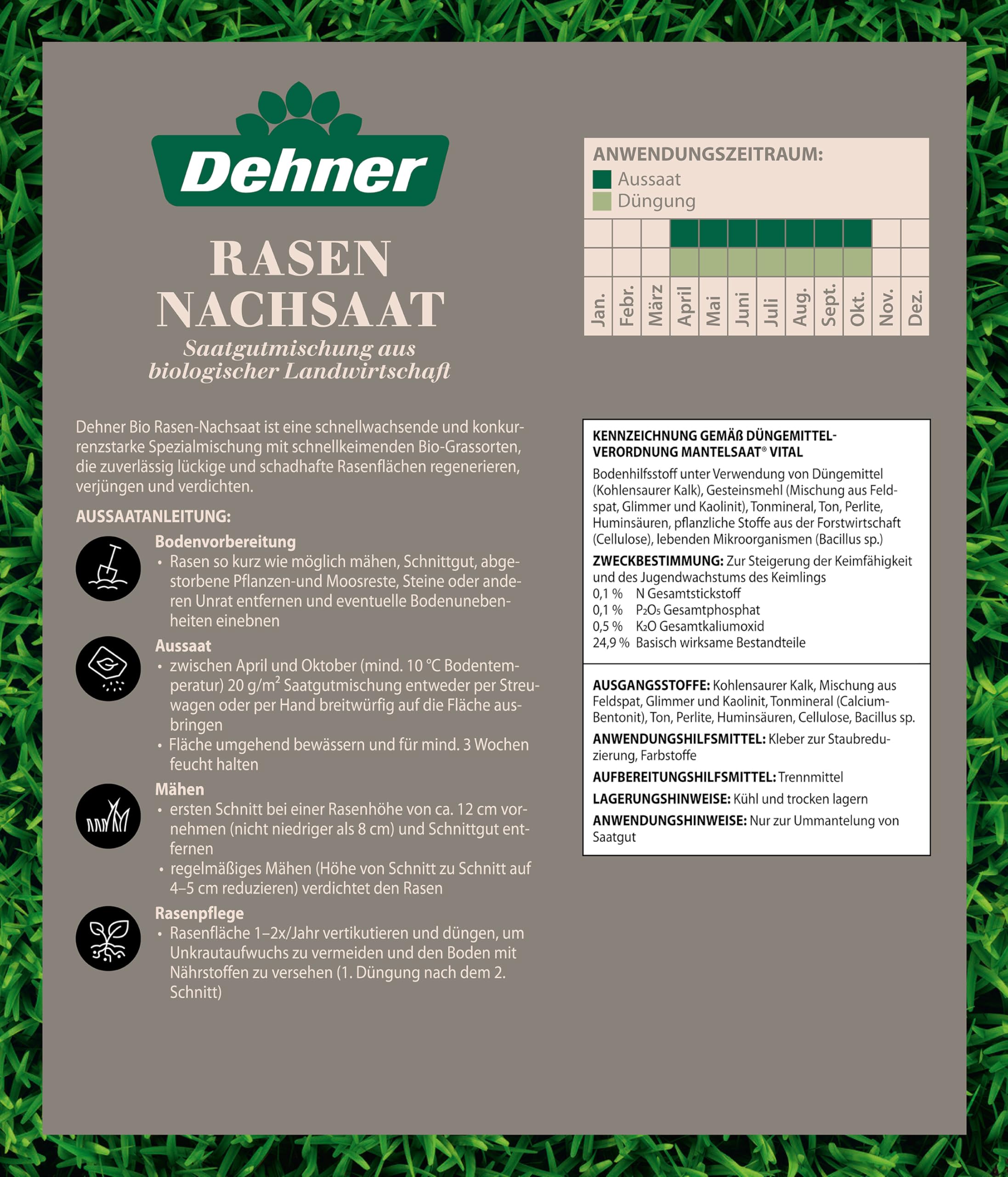 Dehner Semillas orgánicas para césped, Mezcla de Semillas, germinación rápida, 500 g, para Aprox. 25 m²