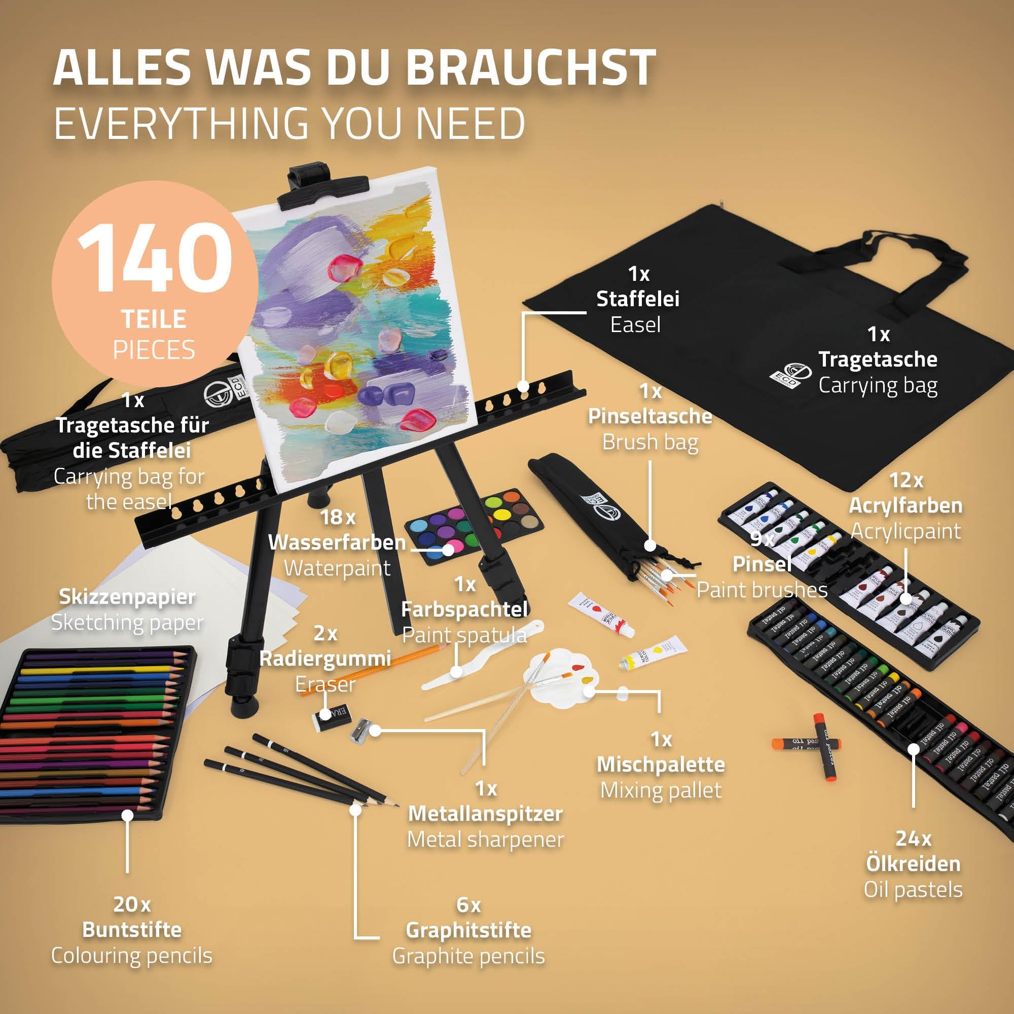 ECD Germany Set per Pittura con Cavalletto Treppiede in Alluminio e Borsa Kit Disegno 140 pezzi Colori Acrilici Pastelli Matite Colorate Acquarelli con Custodia per Artisti Principianti Hobby