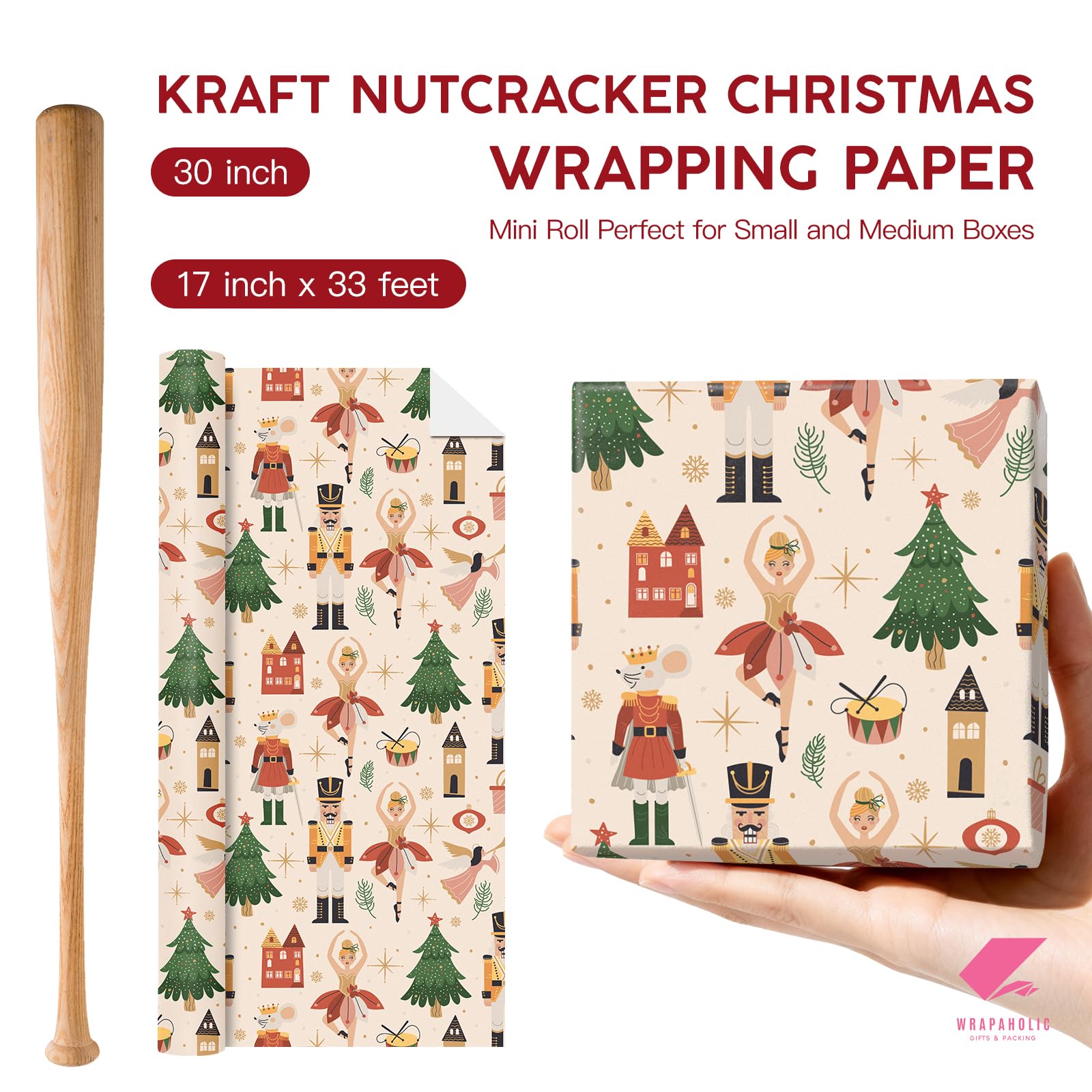 WRAPAHOLIC Papier cadeau de Noël kraft – Mini rouleau – 43,2 cm x 10 m – Motif Casse-noisette blanc pour Noël, vacances, fête