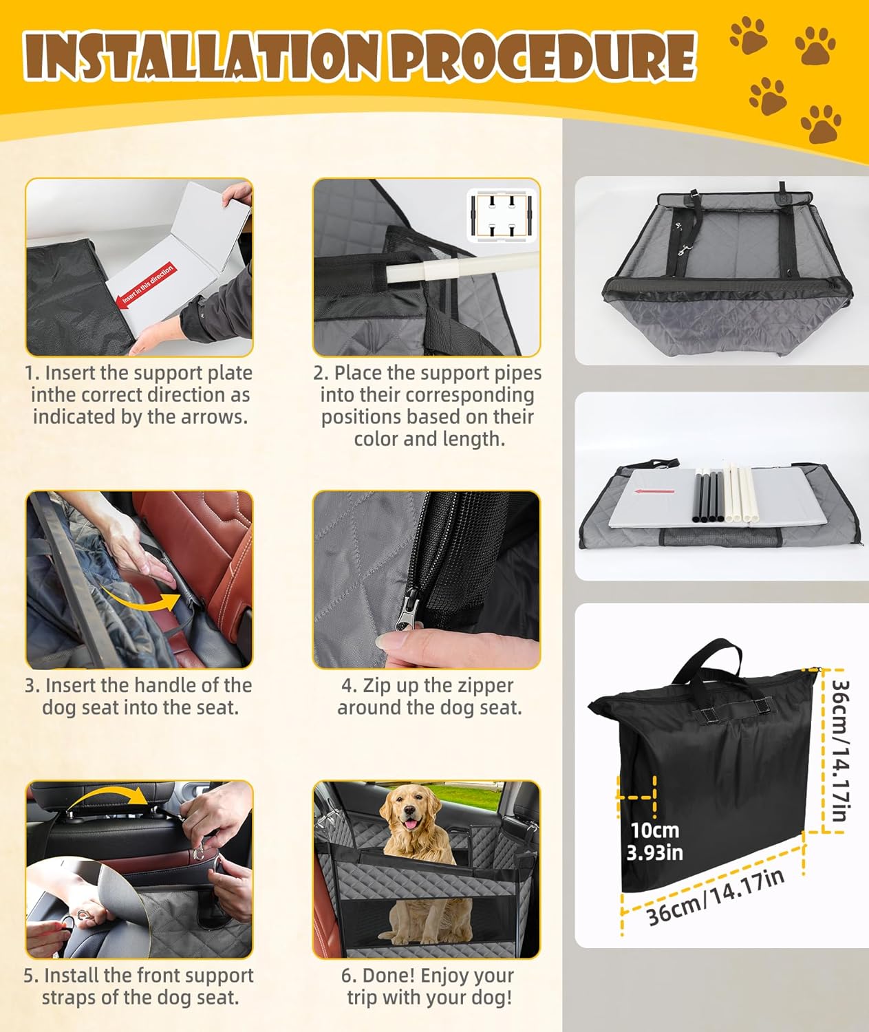 EPN Dog Car Seat for Large Dogs, Foldable Pet Car Seat with Waterproof Oxford Fabric, Non-Slip Bottom, Reinforced Support & Storage Pockets (Grey, Large)