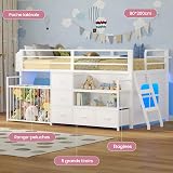 Letto a Soppalco per Bambini con Scaffale Aperto & Cassapanca Portagiochi, Letto Bambino con 5 Cassetti, Illuminazione LED RGB Integrata, Sponda di Sicurezza Alta 13",Area Giochi sotto il Letto,Bianco - 3