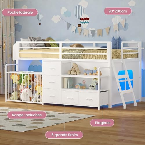 Letto a Soppalco per Bambini con Scaffale Aperto & Cassapanca Portagiochi, Letto Bambino con 5 Cassetti, Illuminazione LED RGB Integrata, Sponda di Sicurezza Alta 13",Area Giochi sotto il Letto,Bianco - 3