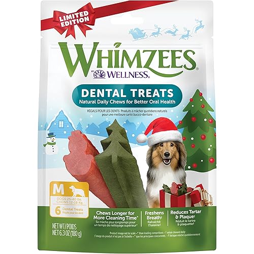 Whimzees by Wellness Holiday Natural Grain Free Dental Chews for Dogs, Medium Breed, 6 Count