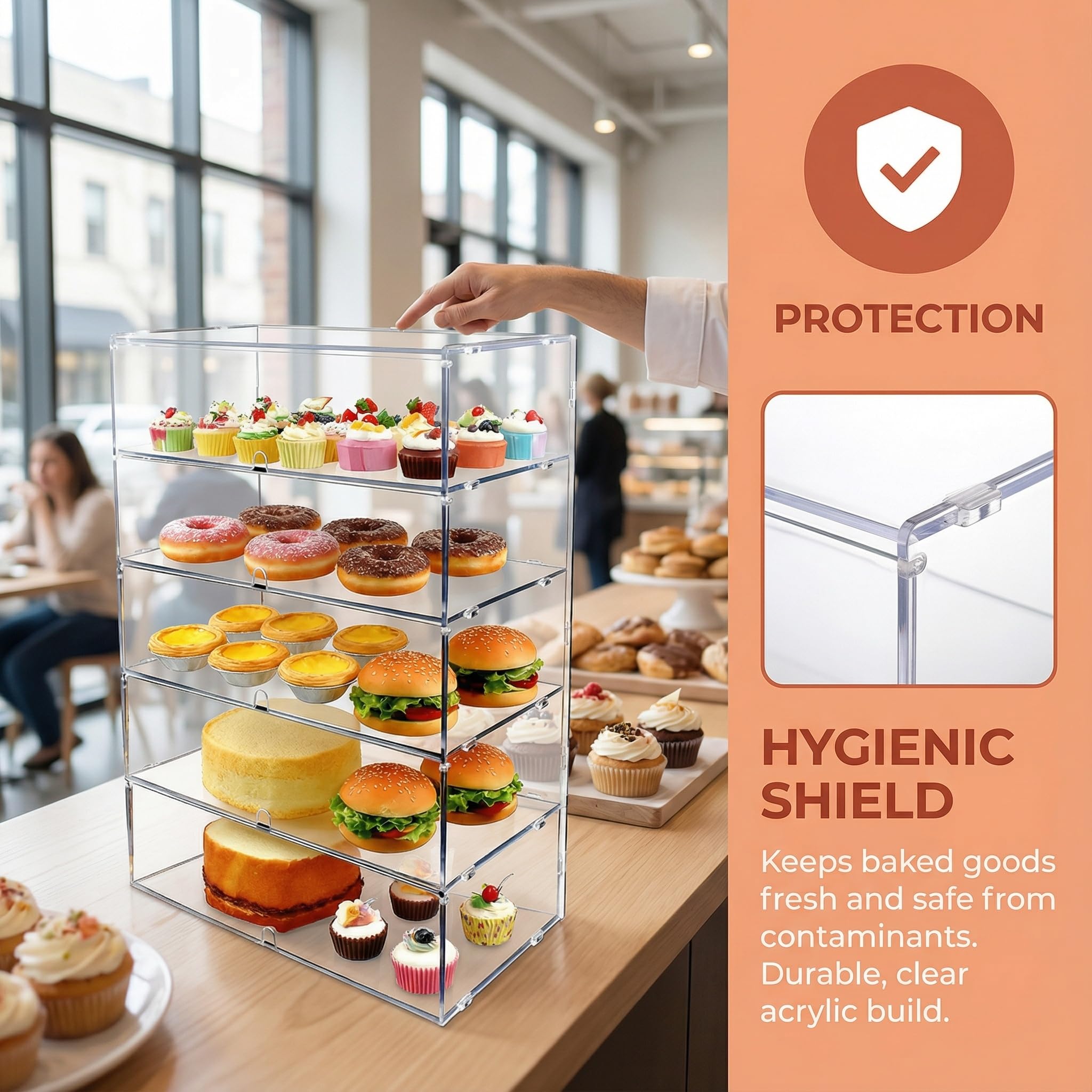 Cityjoy 5 ripiani trasparenti da banco da 5 mm ad alto impatto PETG pannelli trasparenti per pane 64 x 49,5 x 26 cm porte anteriori con fori per le dita (5 Piani)