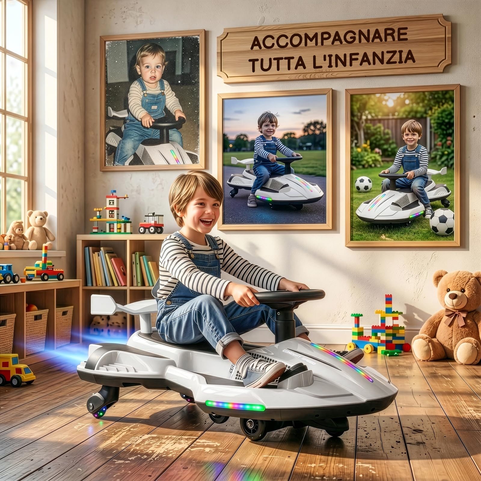 LALAHO Macchina Elettrica Per Bambini 12 V con Pedale, 2 in 1 Auto Elettrica con 2 Velocità, Luci LED, Protezione Antiribaltamento, ruote luminose, per bambini dai 3 anni in su (Bianco-Nero)