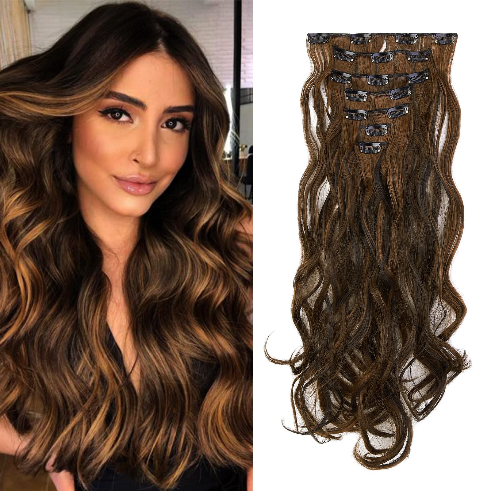 Gairyan Extensiones de Clip de Pelo Natural 7 Piezas 16 Clips Cabello Extensiones con Clips Sintético Extensión De Cabello Más Suave Aspecto Real Rizado 20" - Marron oscuro&Castaño claro
