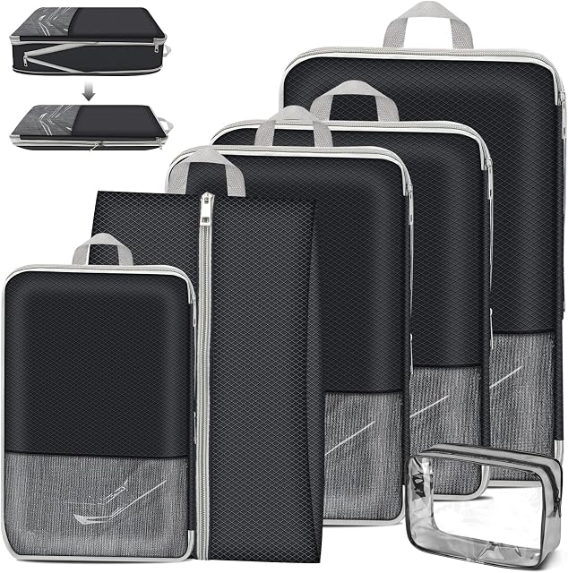 Yotako Packing Cubes Compression, zestaw 6 organizerów do walizek, organizerów kompresyjnych, wodoszczelnych, z torbą na buty i organizerem na kosmetyki, do walizki, plecaka, podróży