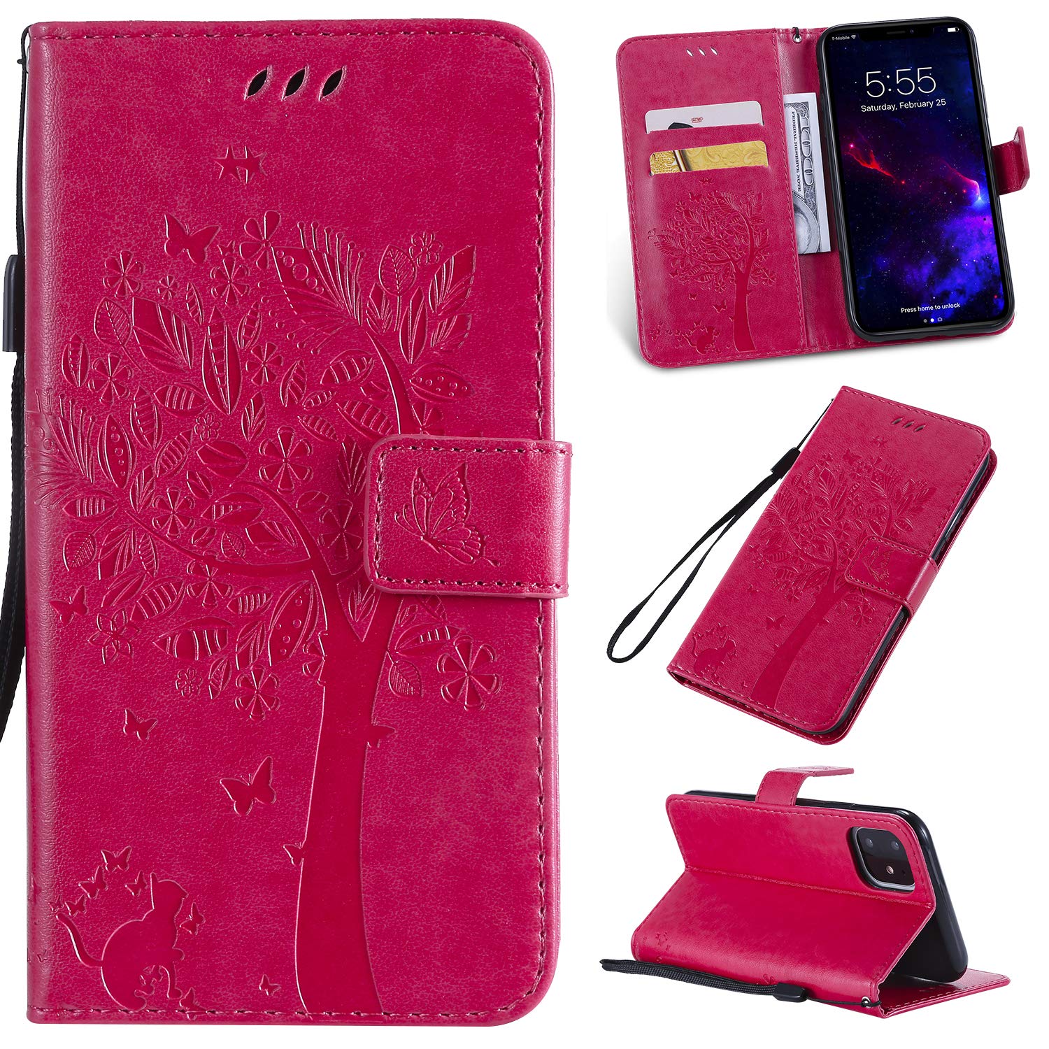 NOMO for iPhone 11 Case with Screen Protector,for iPhone 11 Wallet Case,Flip Case PU Leather Emboss Tree Cat Flowers Folio Magnetic Kickstand Cover Card Slots for iPhone 11 Rose