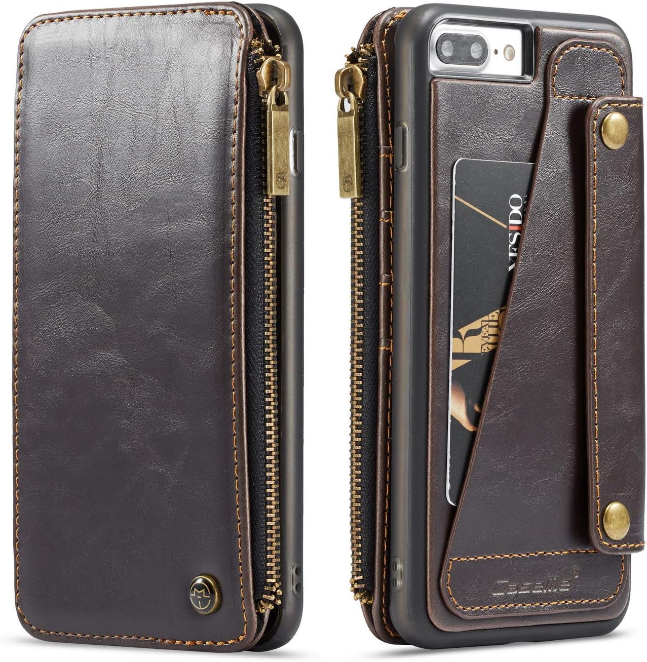 Wallet Leather Case for Apple iPhone 8 Plus iPhone 7 Plus ,Brown 4 Card Slot (ID card,credit card)2 Money Pockets(one Zipper) Full Protection 5.5inch Removable Design Best Gift for Girls Boys Unisex