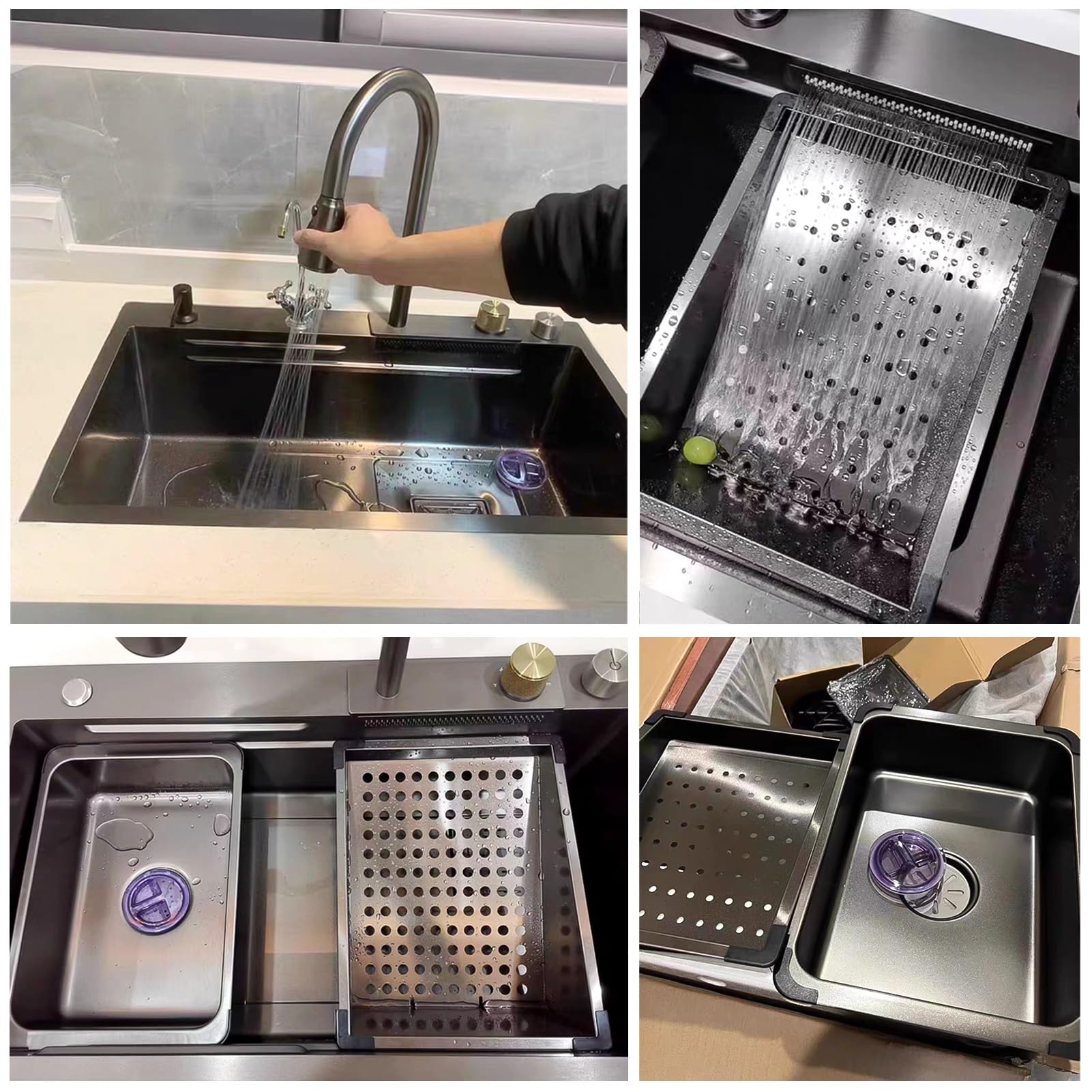 Lavello da Cucina a Cascata di Grandi Dimensioni con Rubinetto Estraibile, lavabicchieri, Accessori di Scarico, lavello da Lavoro in Acciaio Inox, Vasca Singola per Bar, Camper, in