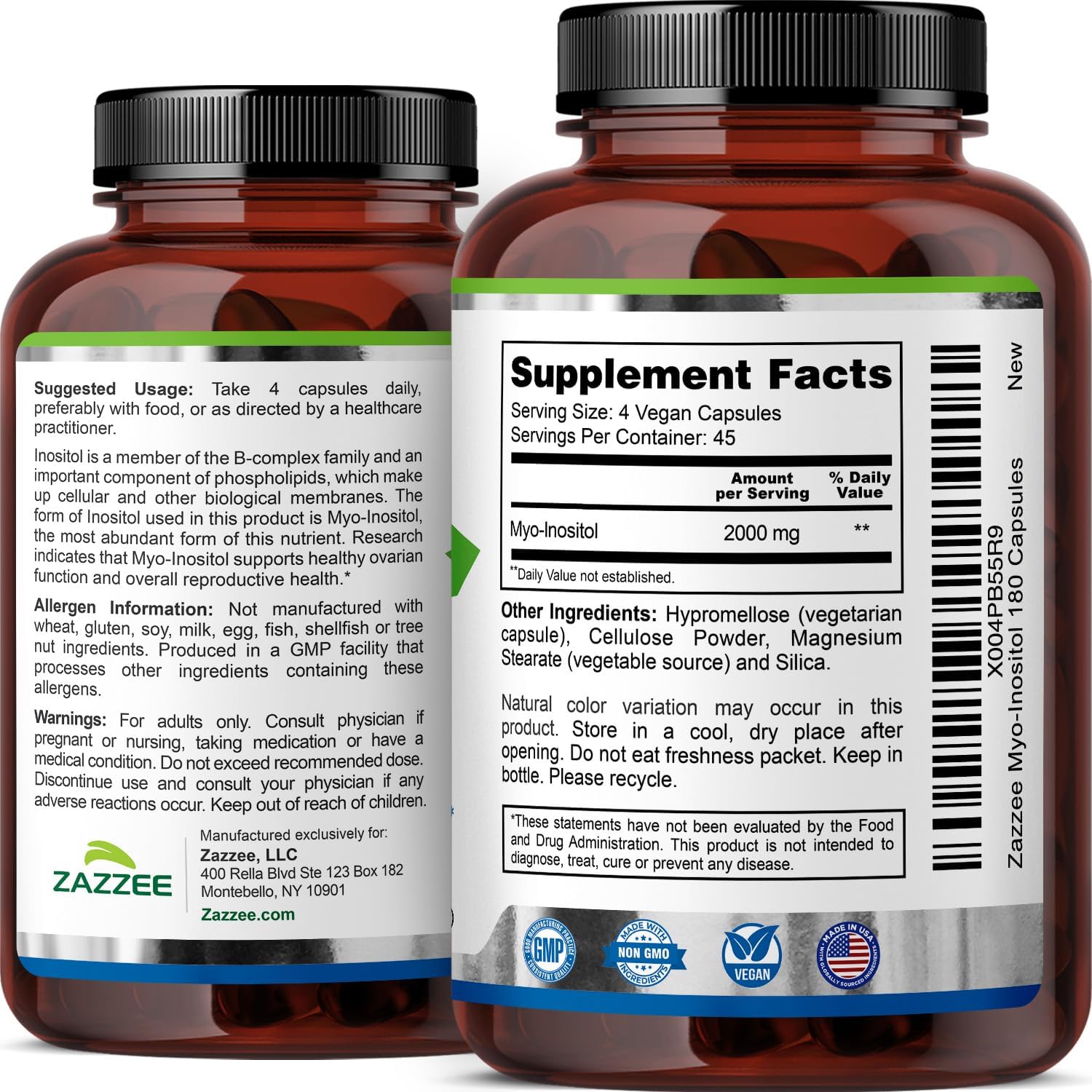 Zazzee Myo-Inositol Capsules, 2000 mg per Serving, 180 Vegan Capsules, Ideal Dosage for 40:1 Ratio, Certified Kosher, Hormone Balance & Healthy Ovarian Function Support, Non-GMO, Made in the USA