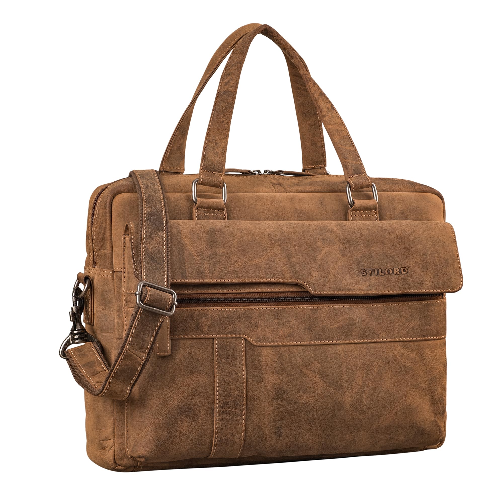 STILORD 'Matthew' Maletín Portátil 15,6-16 Pulgadas Cuero Autentico - Bolso portadocumentos Hombre y Mujer A4 - Laptop Bag Grande Bandolera portatil Elegante, Color:Bergamo - marrón