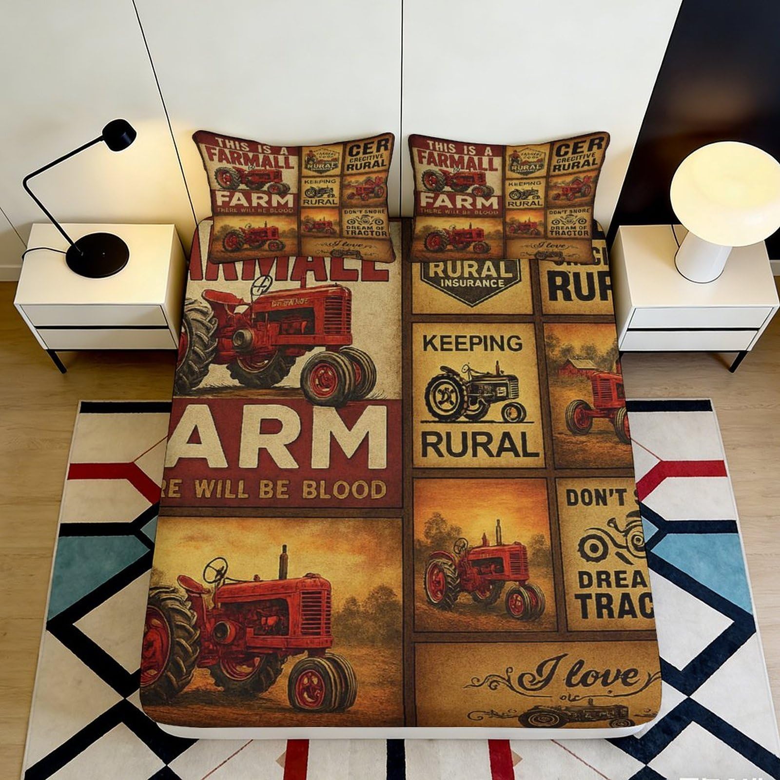 3D Printed Vintage Tractor Fitted Sheet Microfiber Farm Rural Bed Cover for Bedroom Guest Room Decoration 90x200x25cm