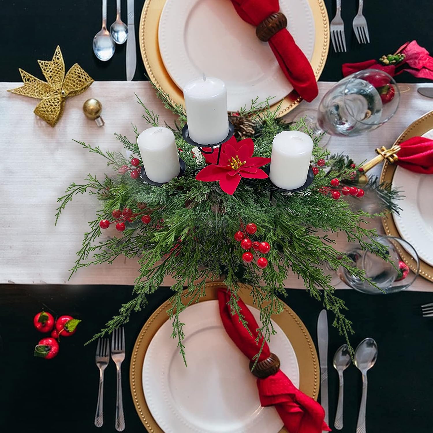 NFNSIG Christmas Candle Holder, Artificial Christmas Poinsettia Centerpiece with 3 Candle Holders, Red Berries, Pine, Christmas Triple Candelabrum for Christmas Table Mantel Decor(#1)