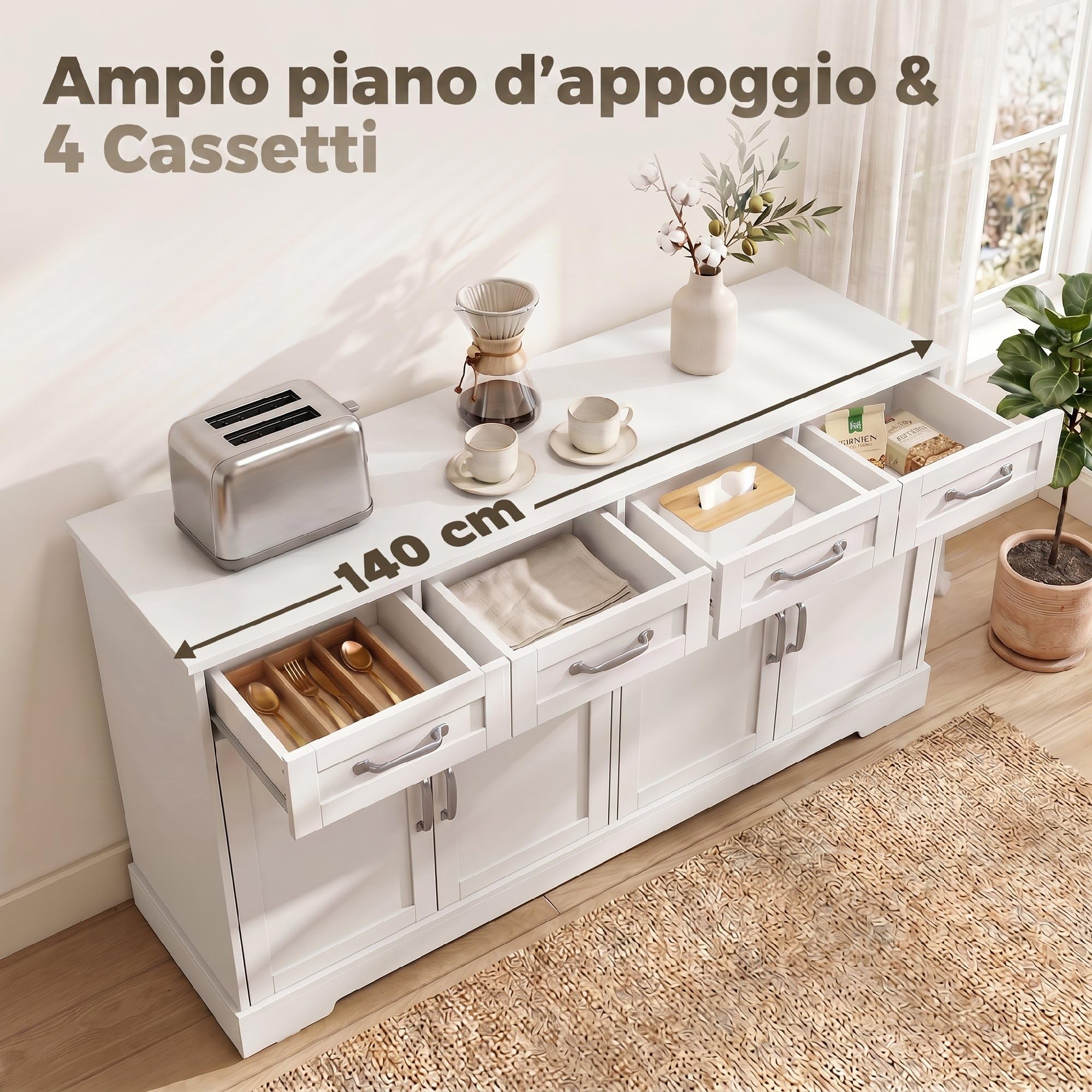 HOMCOM Credenza Cucina Mobile Cucina 4 Cassetti 4 Ante 140x38x80 cm Bianco