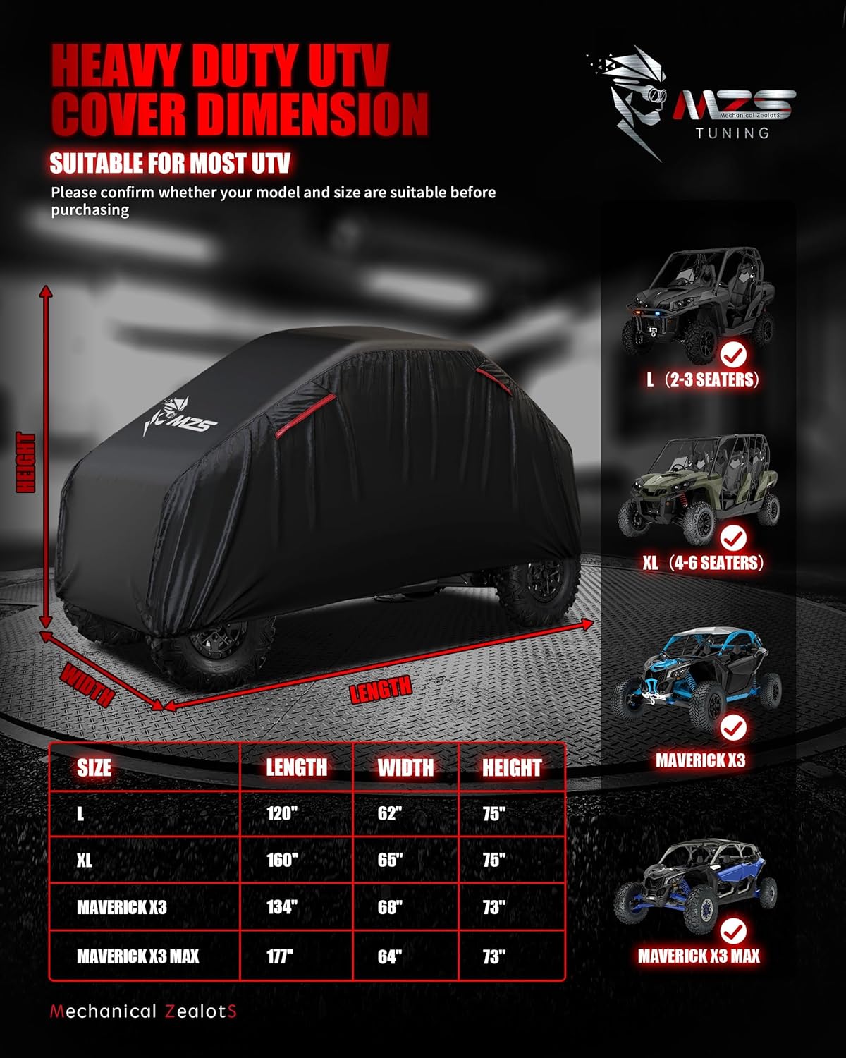 MZS X3 MAX Cover 4 Seater, UTV Cover Heavy Duty Waterproof ﻿Cotton Lining Compatible with Maverick X3 MAX DS RS MR Turbo R 2017-2025, Fit up to 177" All Weather Outdoor Protection Covers Accessories