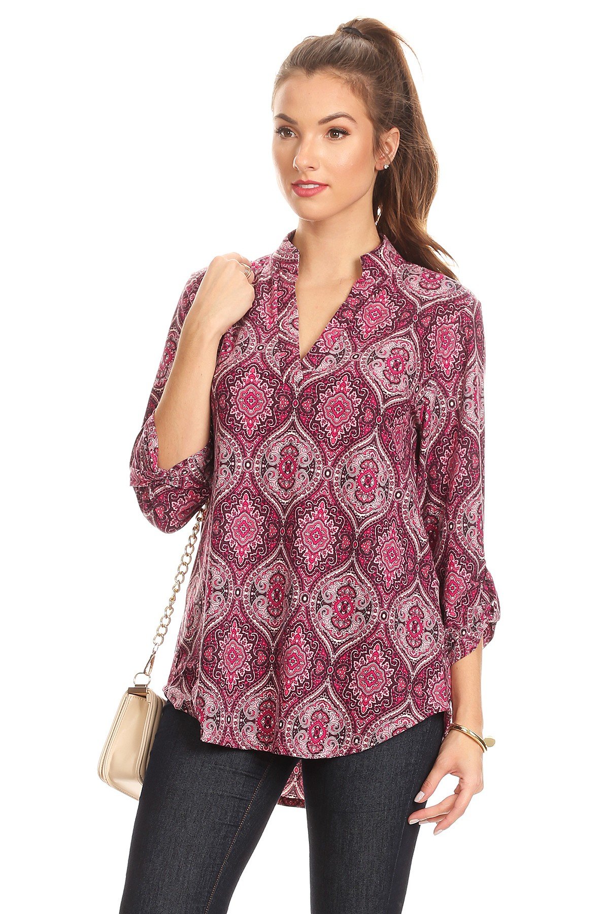 Tribal Printed V-Neck 3/4" Sleeve Top - (L, Tribal)