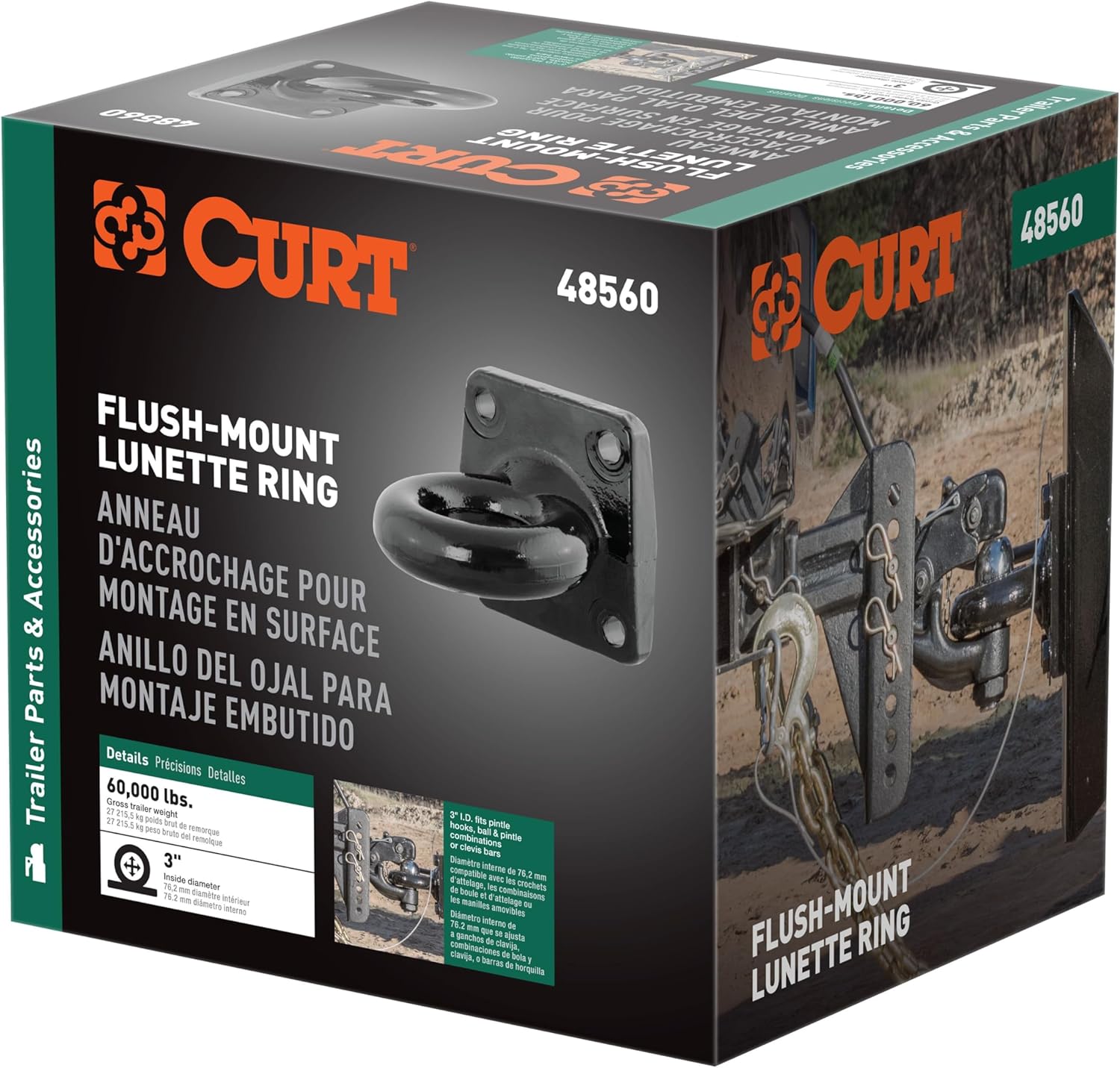 CURT 48560 Black Steel Pintle Hitch Lunette Ring 3-Inch ID, 60,000 lbs, 4-1/2-Inch Bolt Pattern