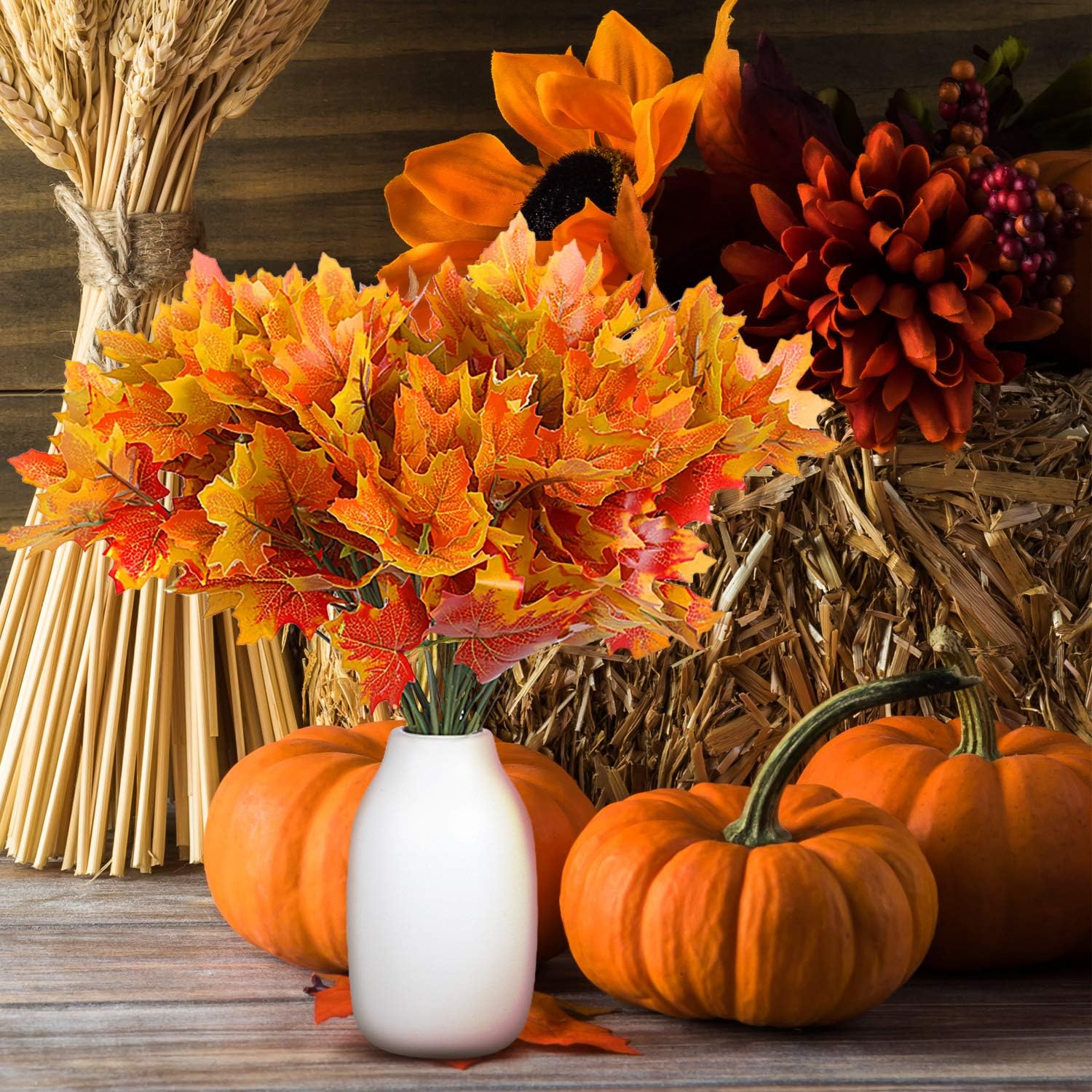 6 Pieces Artificial Maple Leaves 7 Branches Autumn Faux Leaf Decoration Stem Fall Leaves for Thanksgiving Home Indoor Outdoor Kitchen Festival Autumns Table Centerpieces Decoration(Orange)
