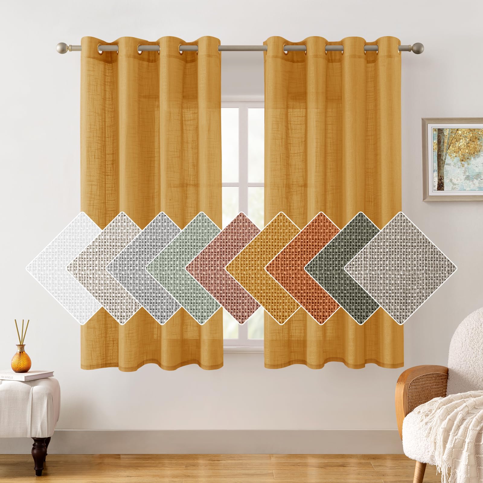 HOMEIDEAS Yellow Linen Textured Sheer Curtains, 63 Inches Long 2 Panels Semi Sheer Curtains Farmhouse Window Drapes for Bedroom Living Room, 2 Panels,