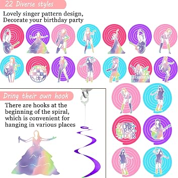 20pcs Singer Hanging Swirls Music Lover Birthday Party Decoration Popular Singer Themed Swirl Ceilings Hanging Streamers for Girls Pop Music Theme Party Baby Shower Supplies