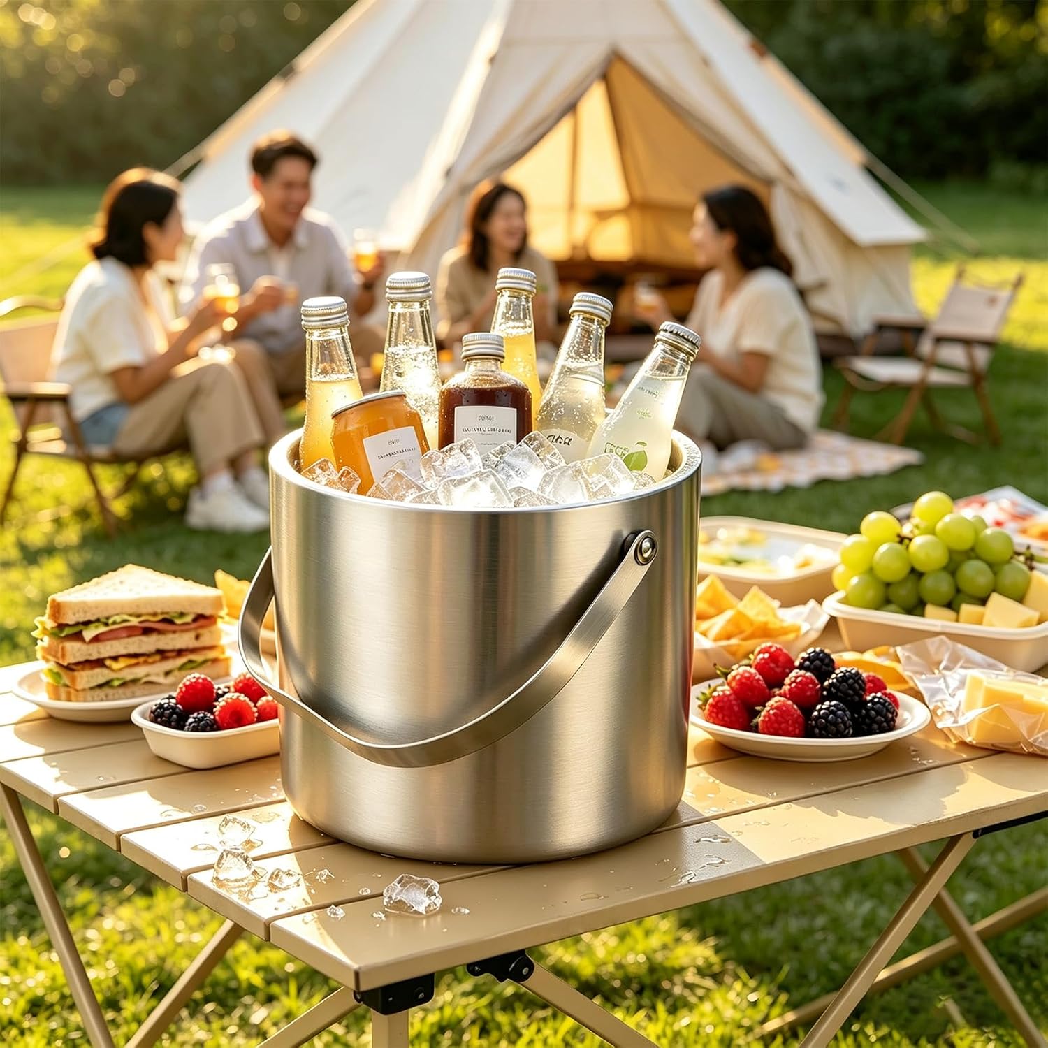Stainless Steel Ice Bucket,3L Insulated Ice Bucket With Lid & Tongs